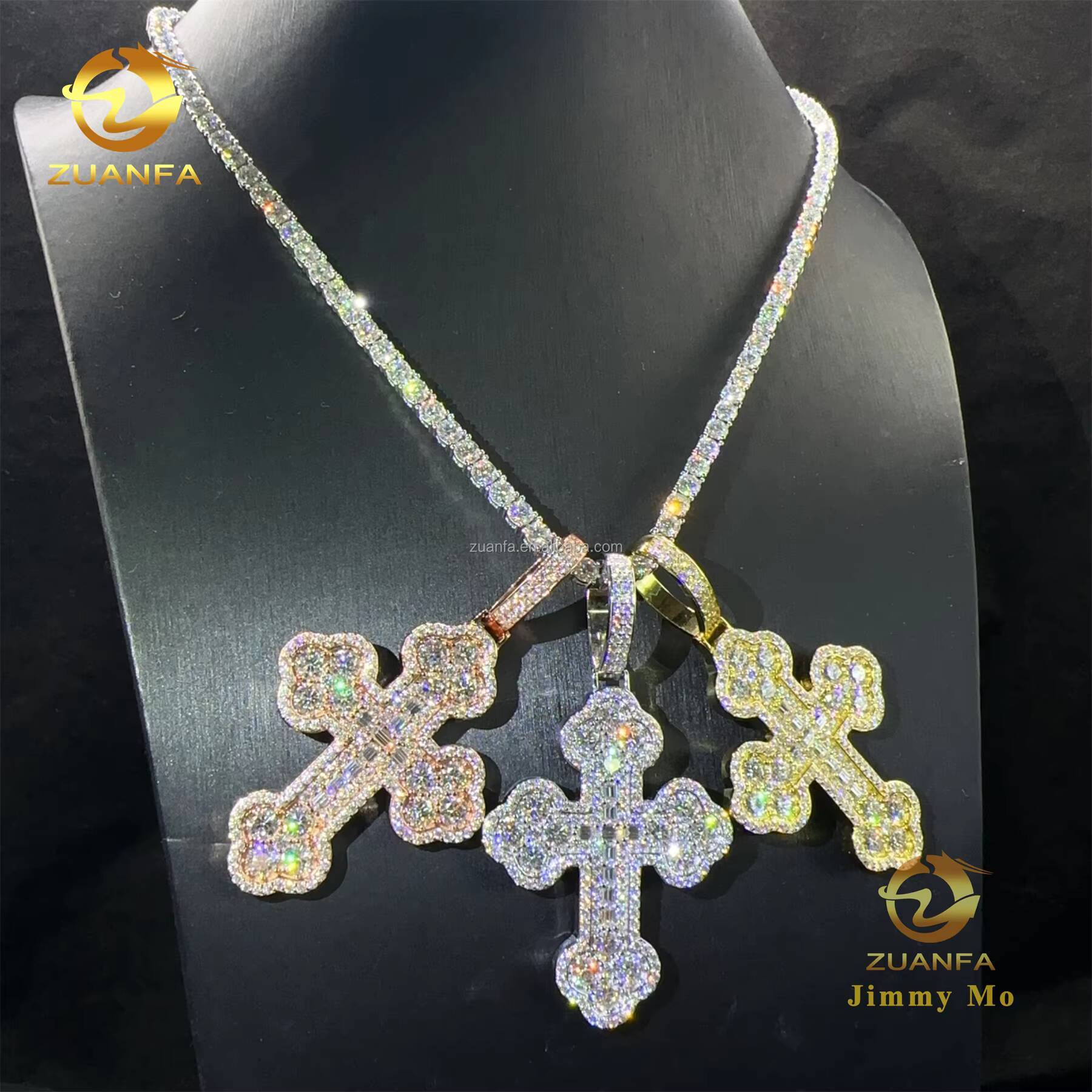 Fire Luxury Jewelry Men Claw Setting Fully Iced Out Hip Hop 925 Silver Baguette Moissanite Diamond Cross Pendant Tennis Chain