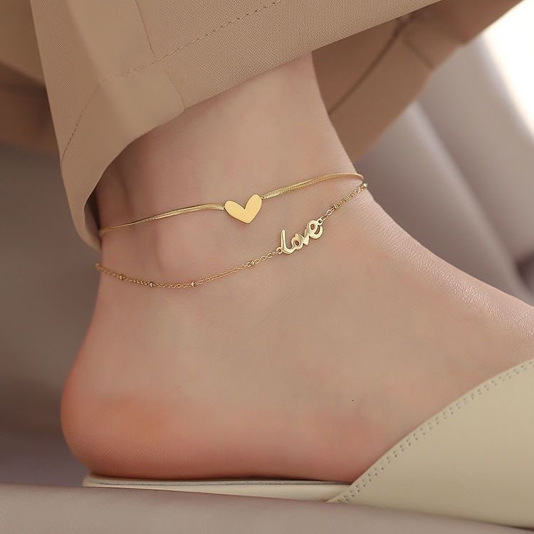 Designer New double-layer heart Love 18K plated gold anklet for women, ins minimalist forest style, trendy and popular
