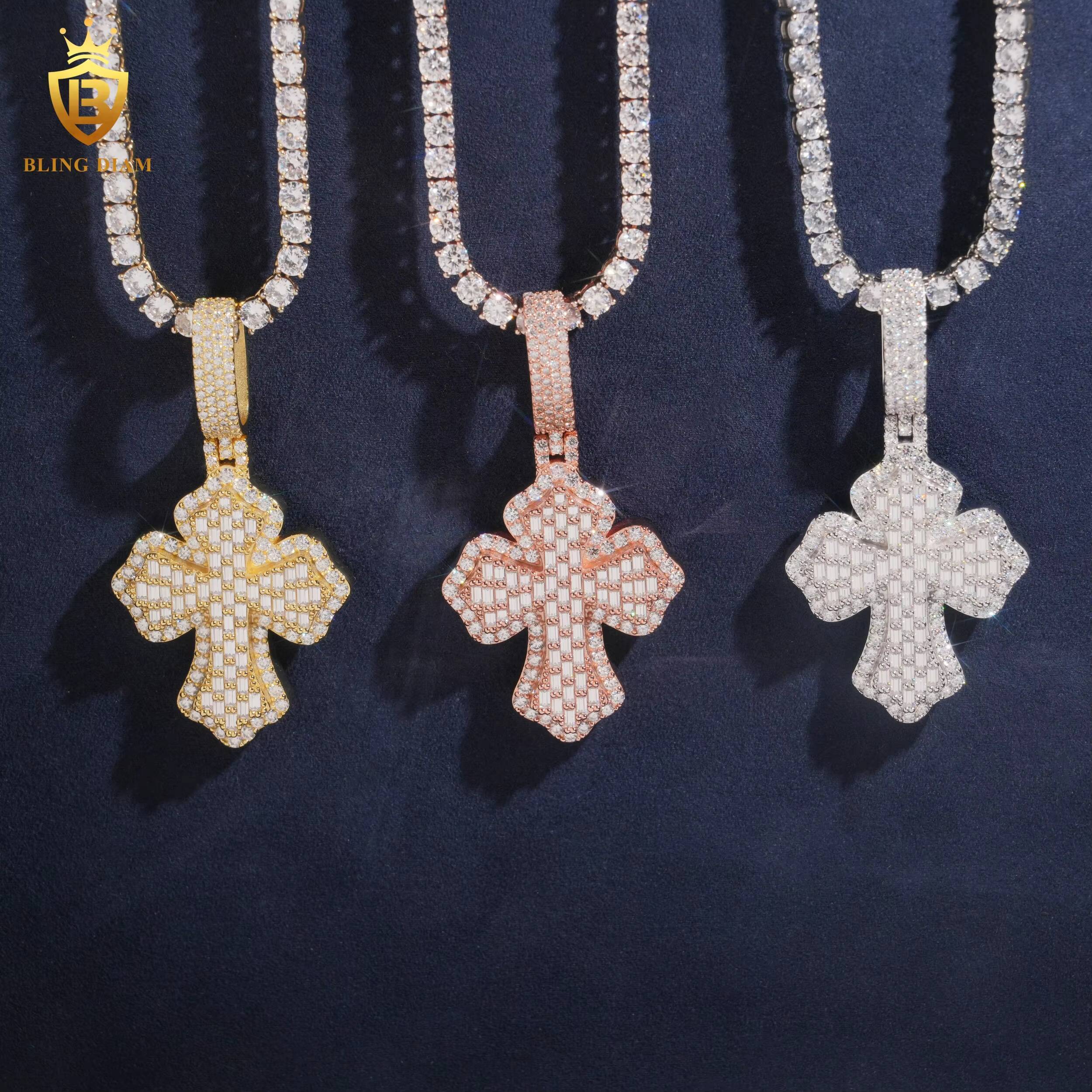 Luxury Jewelry Rose Gold Moissanite Pendant Hip Hop Pastes Diamond Tester 925 Sterling Silver Baguette Cut Cross Diamond