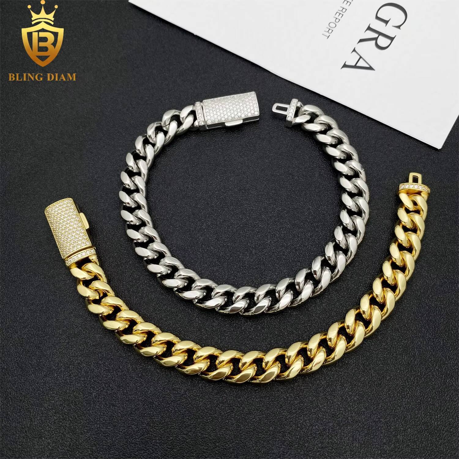 10mm Plain Chains Hip Hop Jewelry Cuban Link 925 Sterling Silver Vvs Moissanite Bust Down 18k Gold Plated Bracelet Necklace