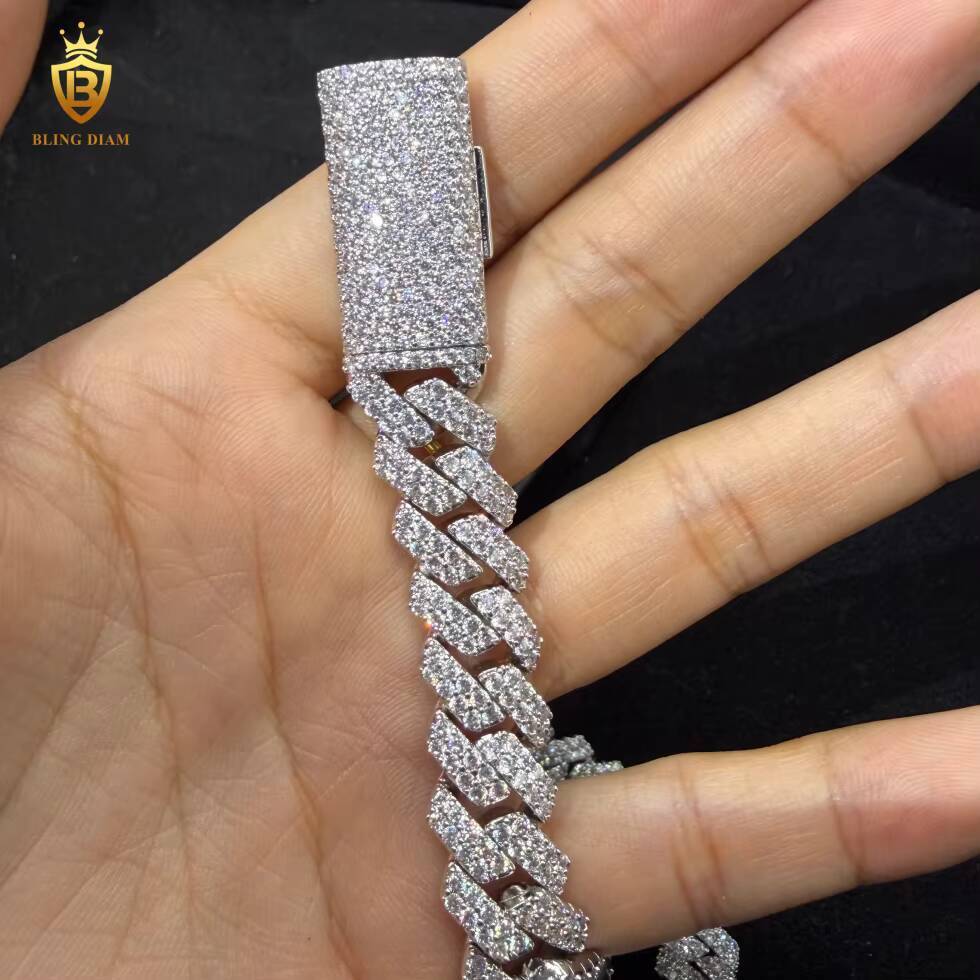 Hot Sale Moissanite Cuban Link Chain Hip Hop Men Pass Diamond Tester 925 Silver 12mm VVS Moissanite Cuban Chain Diamond