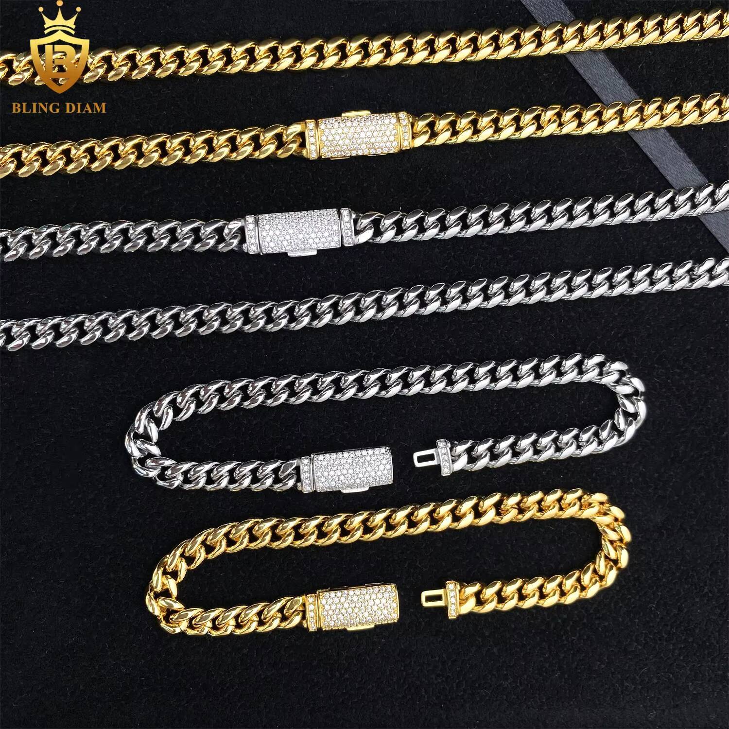 6mm Plain Chains Hip Hop Jewelry Cuban Link 925 Silver Moissanite Iced Out Gold Plated 316L Stainless Steel Necklace