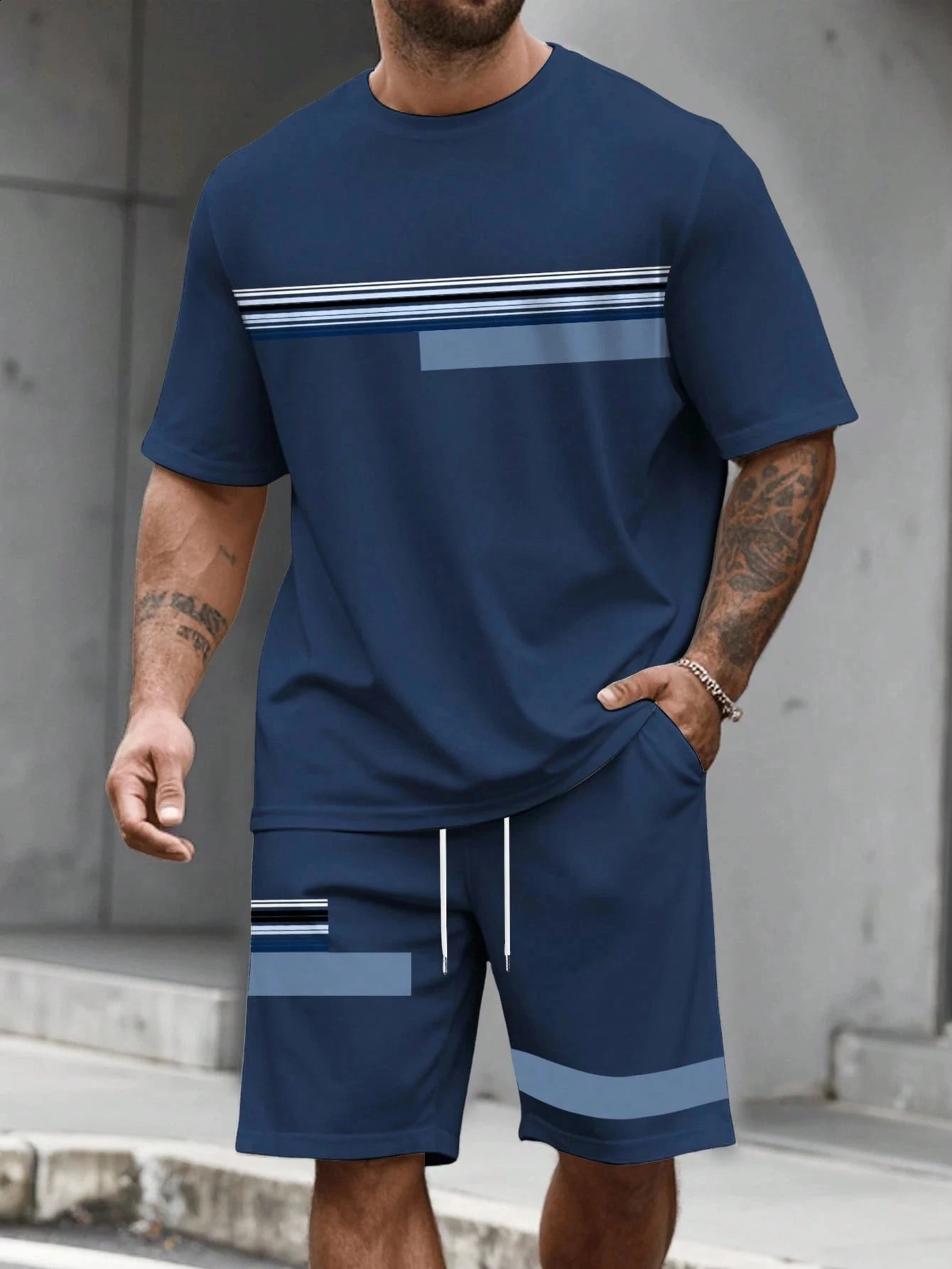 Casual Stripe Printed T-shirt Shorts Set Large Size Loose Mens Short Sleeve Tee Elastic Waist Shorts 2-piece Set Sports Clothes 260421BJ - view 3