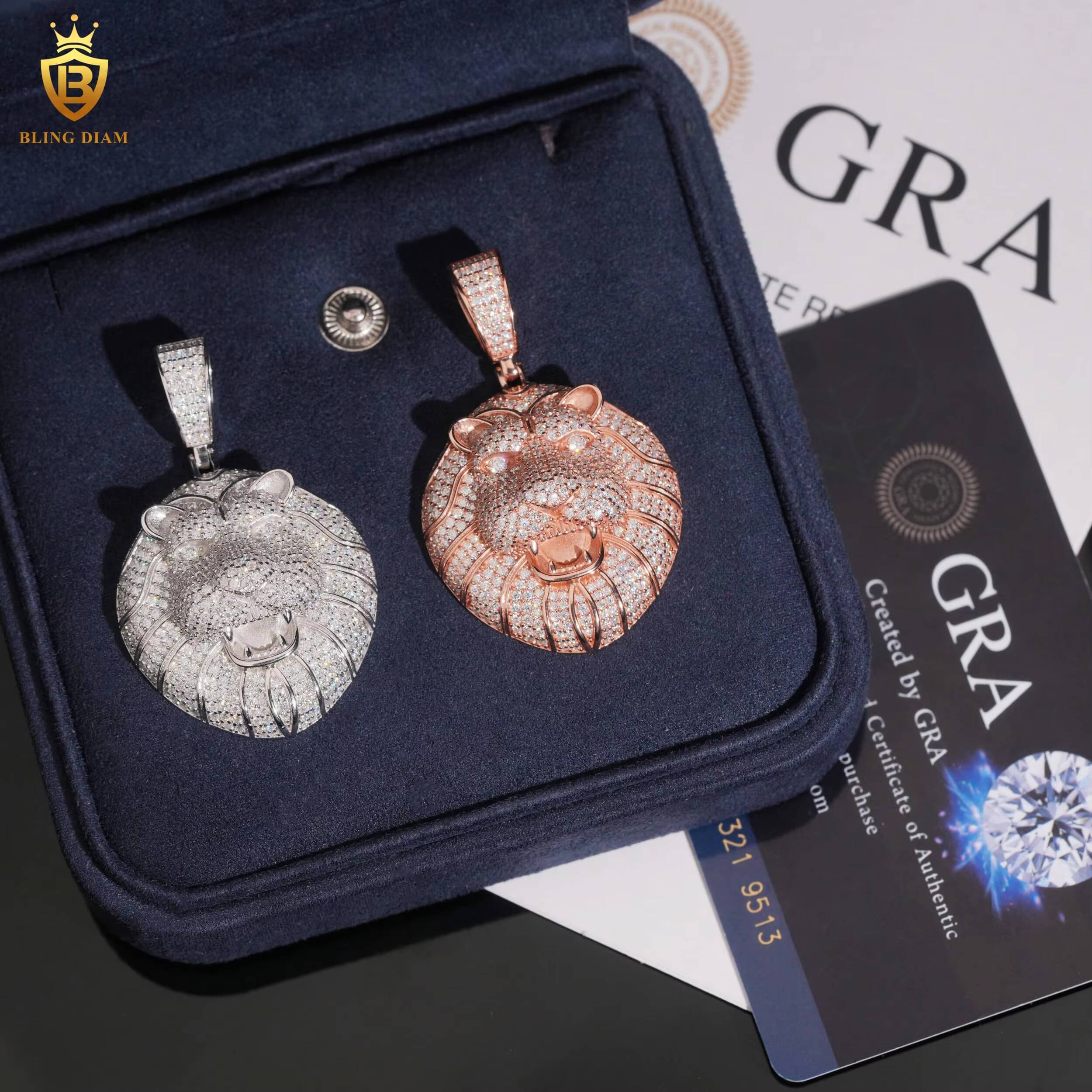 Charm Lion Head Face Animal Circle Pendant Necklace Mens Moissanite-Diamond 925 Sterling Silver Gold Custom Hip Hop Jewelry