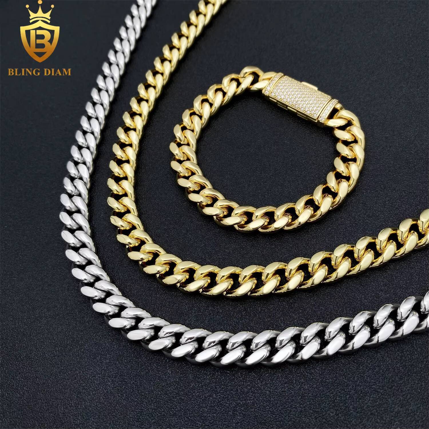 10mm Plain Chains Hip Hop Jewelry Cuban Link 925 Sterling Silver Vvs Moissanite Bust Down 18k Gold Plated Bracelet Necklace