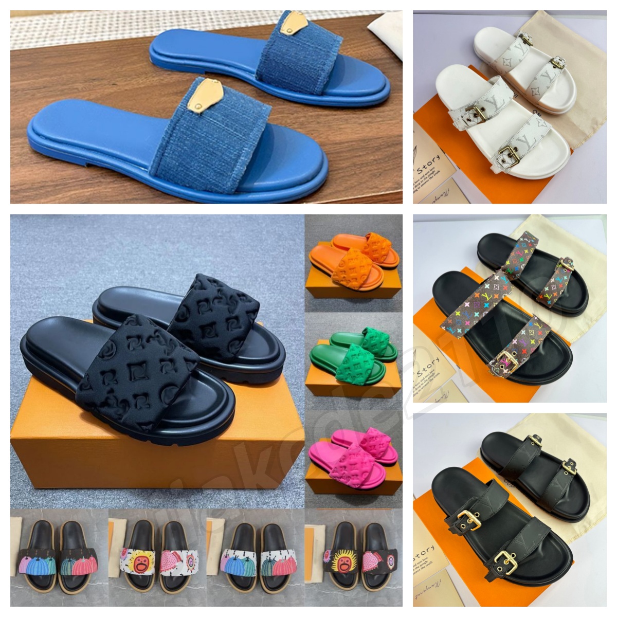 denim lvs Designer Slippers Pool Pillow Slides Summer Cotton Fabric Leather Casual Shoes Man Black Scuff Flat Sandals Mules Sunset Padded Women Fashion With Box