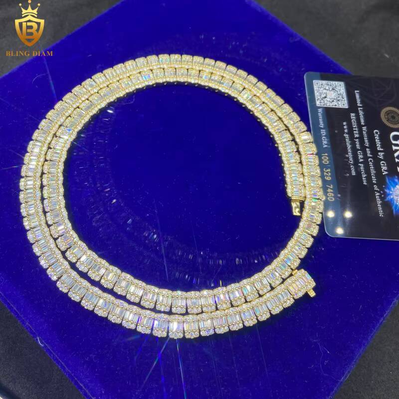Hot Sale HipHop 8mm 925 Silver Baguette Cut Moissanite Chain Mens Iced Out Moissanite Necklace Chains Pass Diamond Test VVS GRA