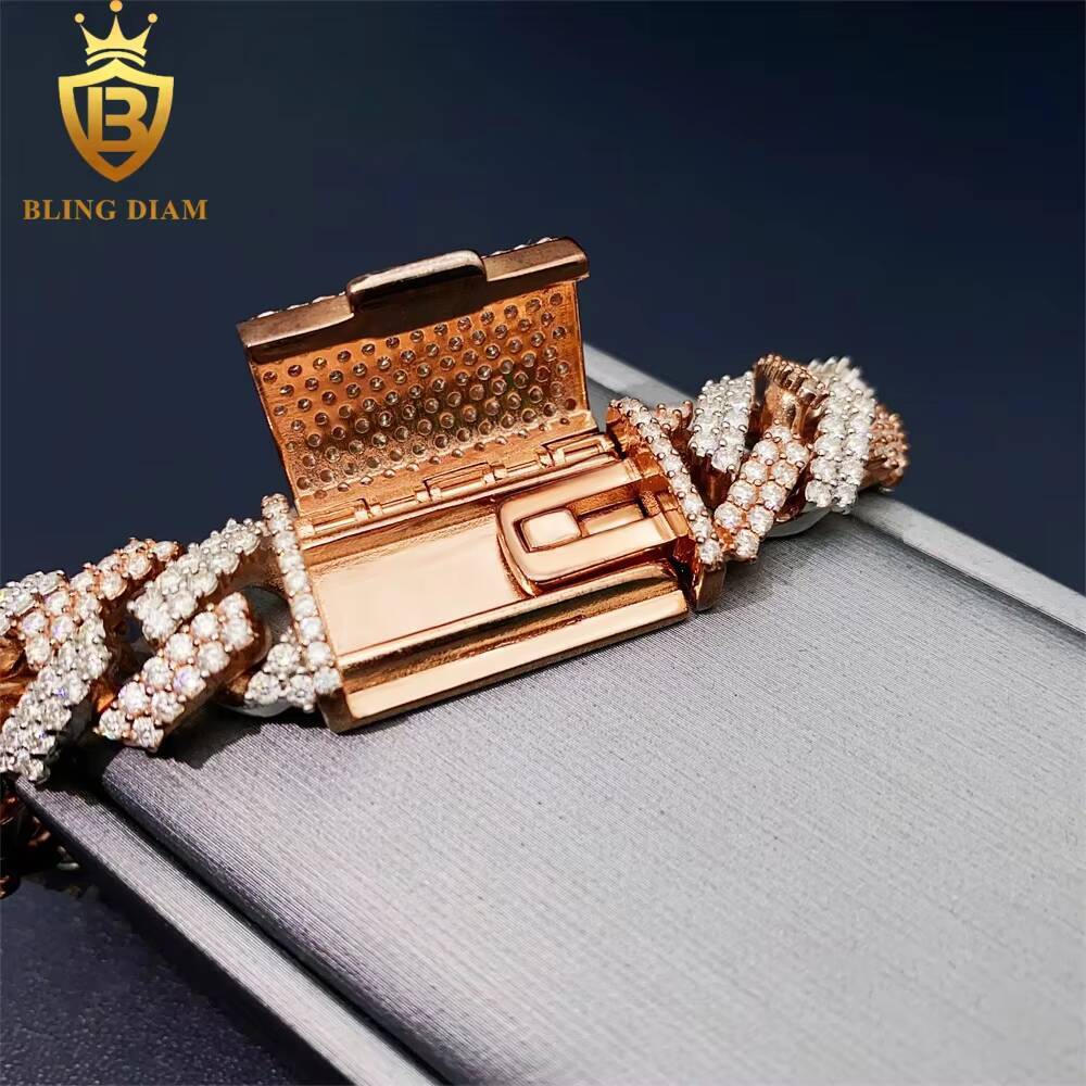 15mm Two Tone Iced Out Hip Hop Jewelry Cuban Link Chain 925 Sterling Silver VVS Moissanite Bracelet Necklace