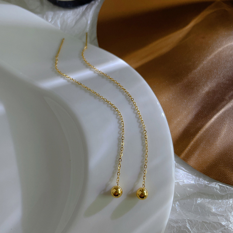 Designer Gold Bead Doudou Thread Titanium Steel Tassel Earrings New Trendy 18k Gold Elegant Earrings for Women Long Style High-end Sense Stud Earrings