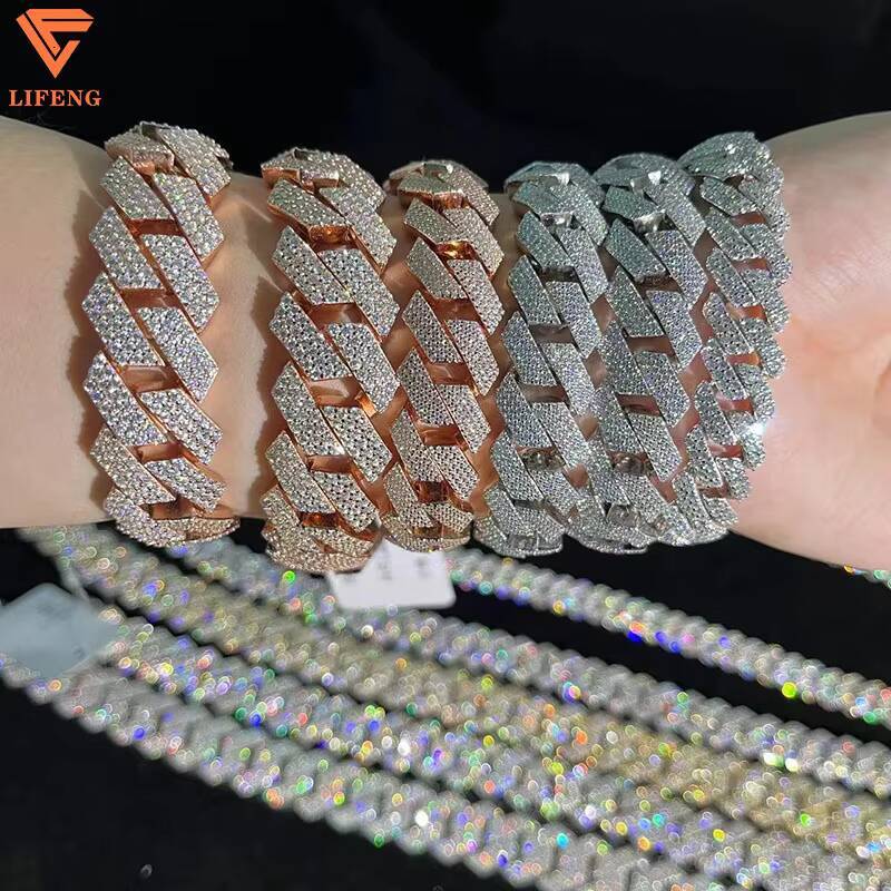 Custom 2 Row 10-18mm Hip Hop Iced Diamond Moissanite Bracelet 925 Sterling Silver Cuban Link Chain with Gold Pearl Jewelry