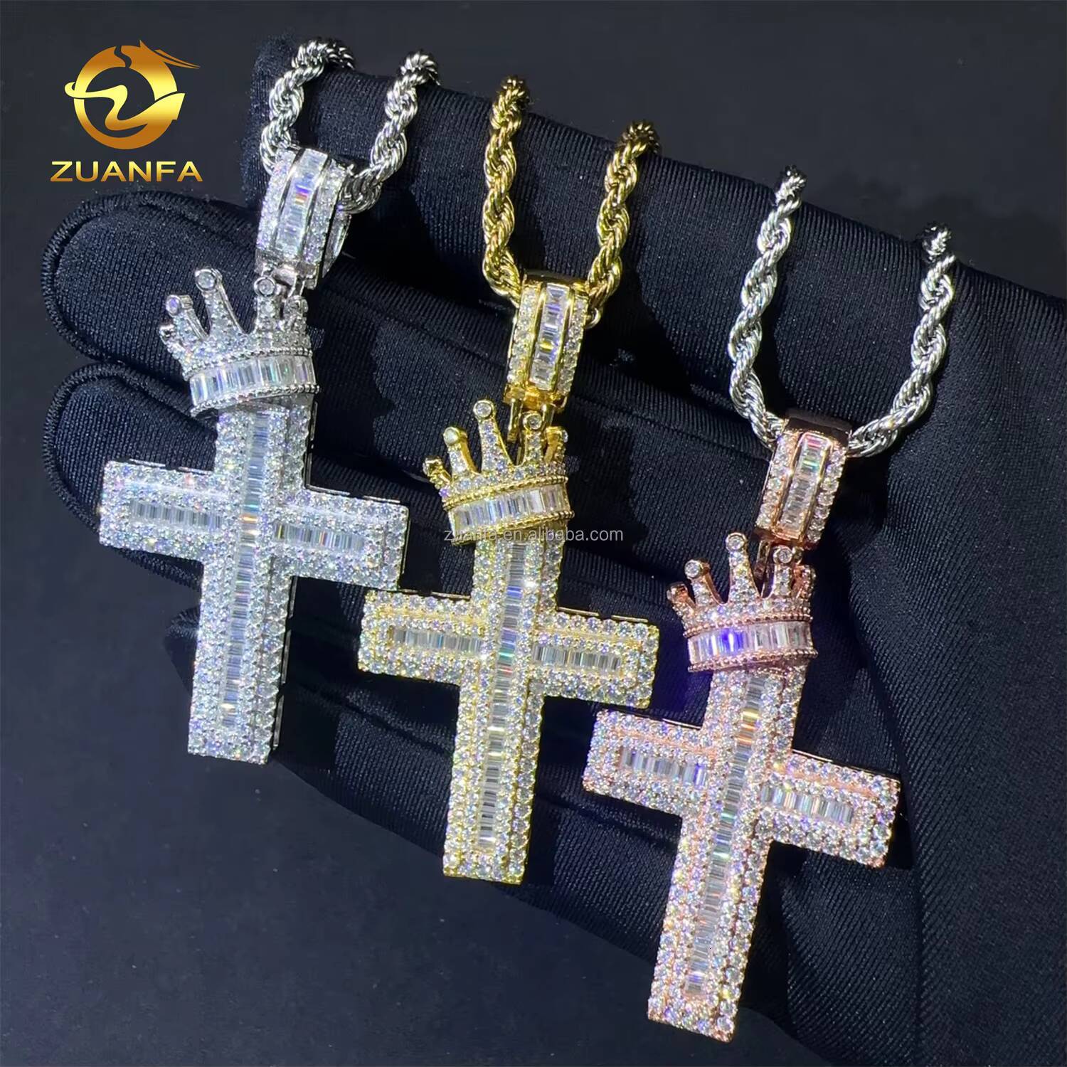 Bulk Stock Hot Selling Popular Trendy Fashion Jewelry Hip Hop S925 VVS1 Baguette Moissanite Diamond Cross Crown Bail Pendant