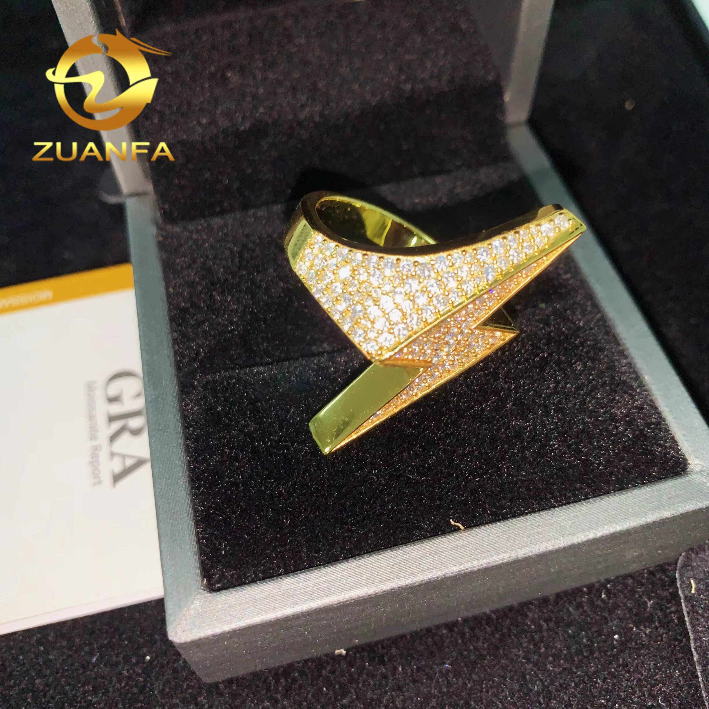 Real Gold Plated Lightening Bolt Design GRA 925 Sterling Silver Moissanite Ring Iced Out Ring Men Diamond Ring Championship Ring