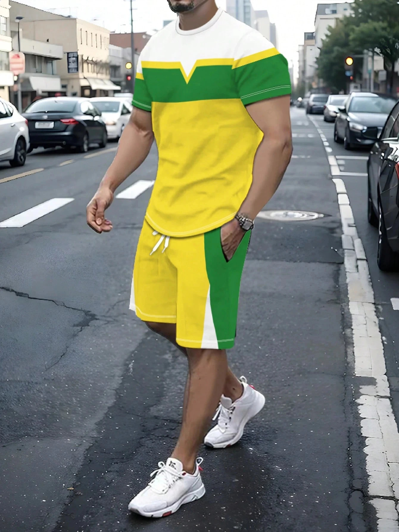 Casual Stripe Printed T-shirt Shorts Set Large Size Loose Mens Short Sleeve Tee Elastic Waist Shorts 2-piece Set Sports Clothes 260421BJ - view 4