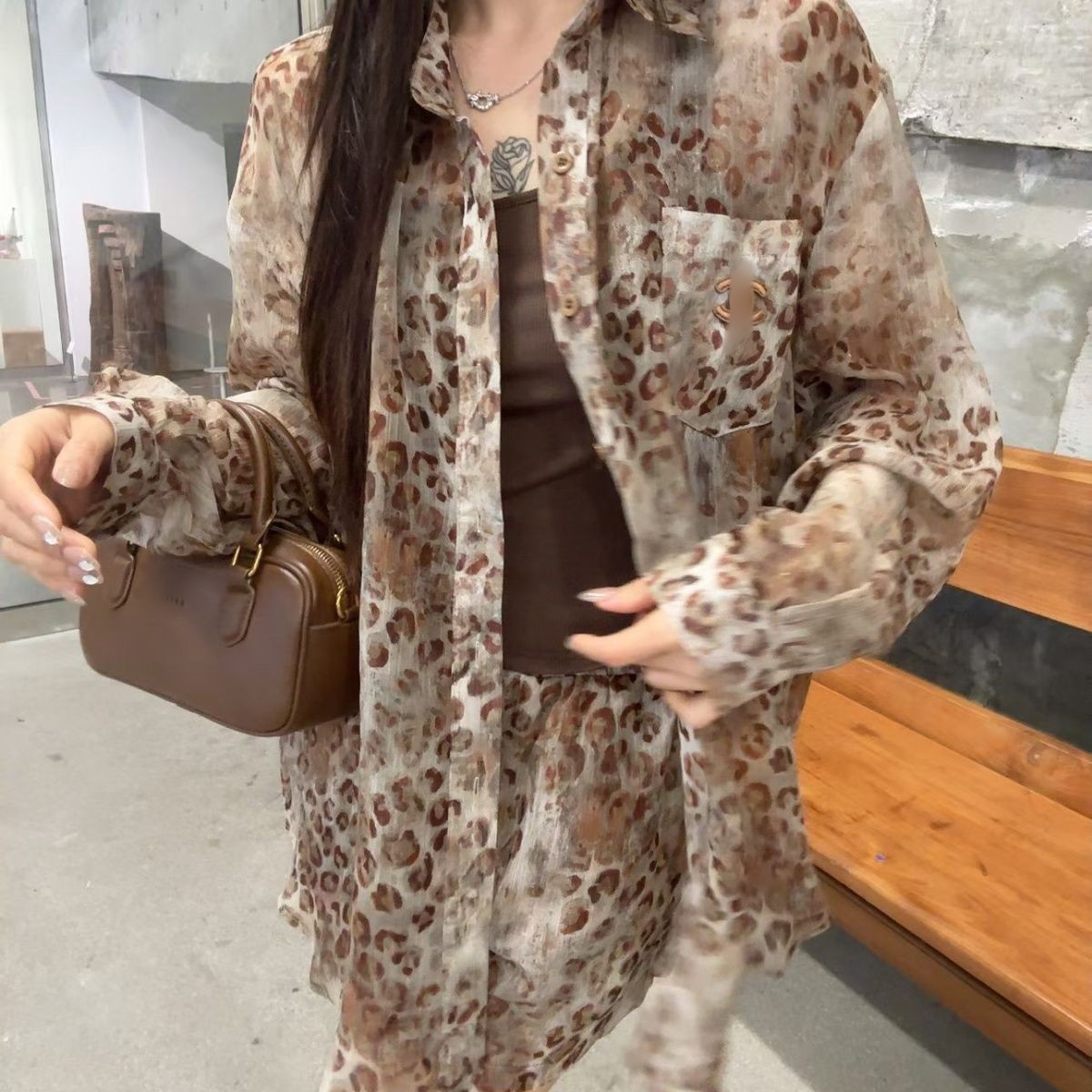 Women summer new designer chiffon cool logo letter embroidery leopard print sunscreen blouse shirt and shorts twinset 2 pc pants suit SMLXL