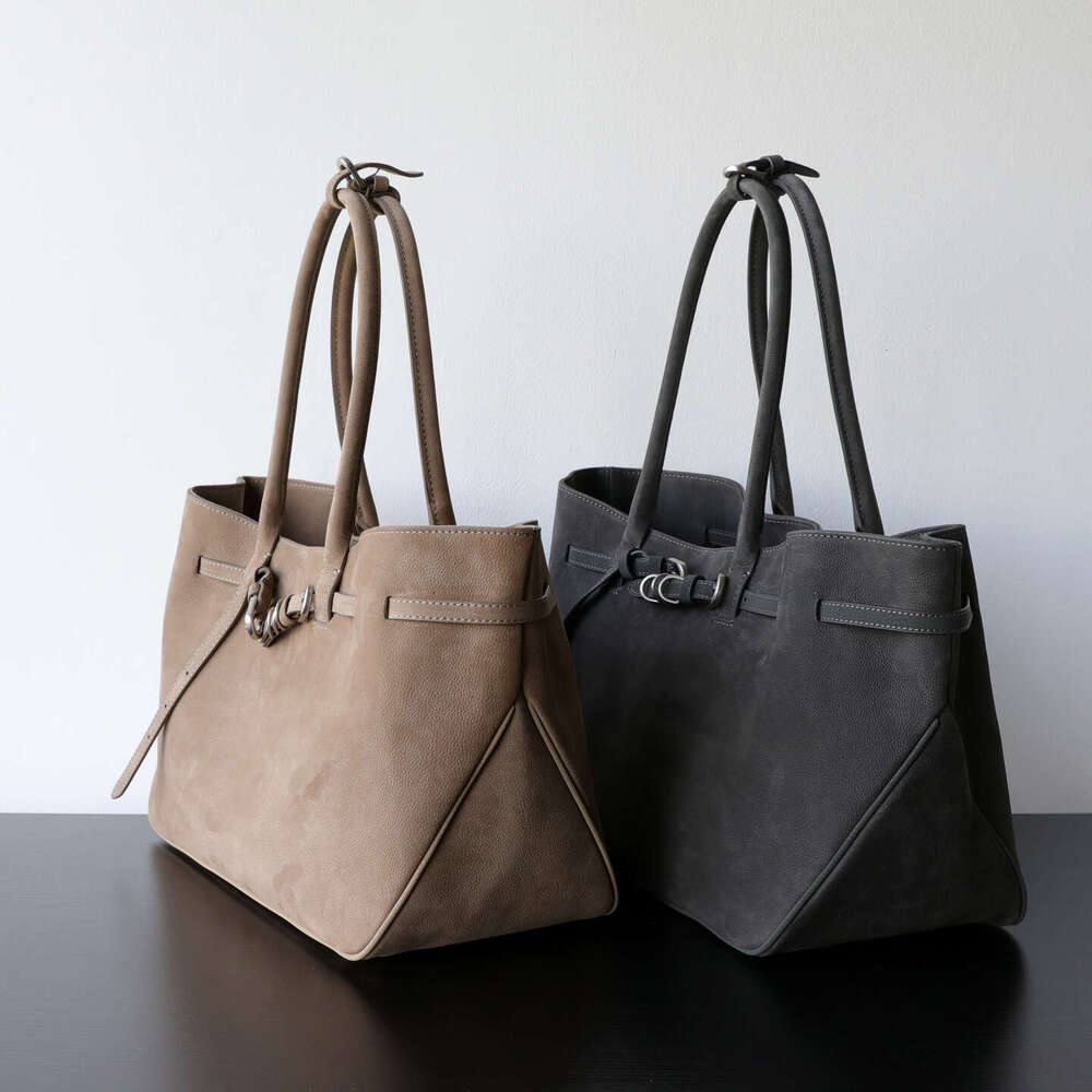 Women Luxury Suede Tote Bag Large Capacity Retro Buckle Design Genuine Leather Underarm Shoulder Handbag SENYY