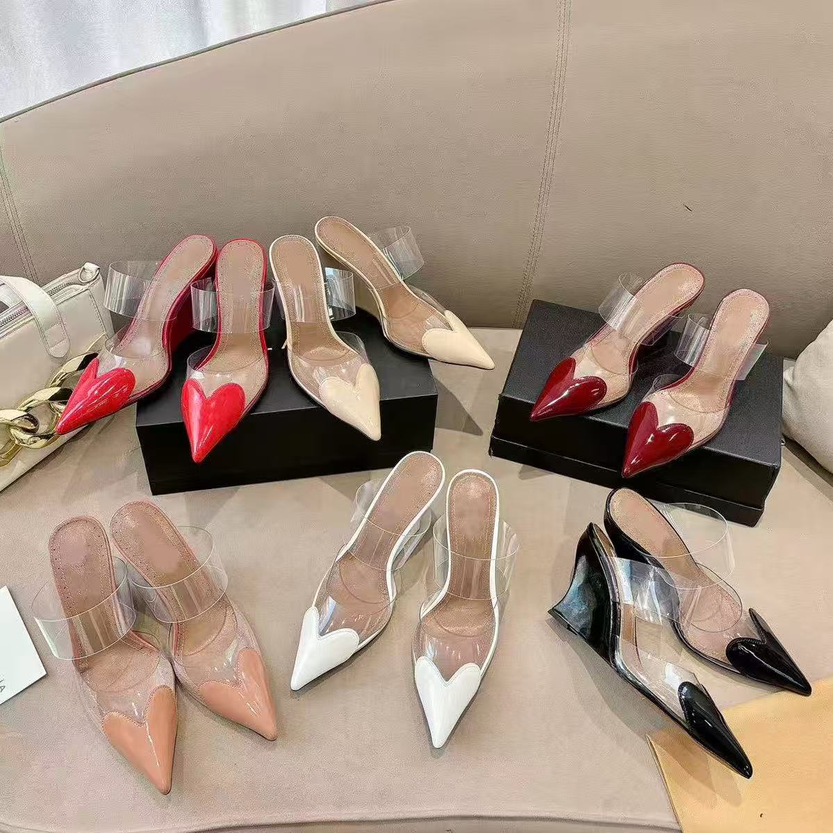 Designer Sandals Women Pointed Toe Transparent Strap Wedge Slipper Elegant Mule High Heel Ladies Fashion Party Wedding Sandals with box 9.5cm With box