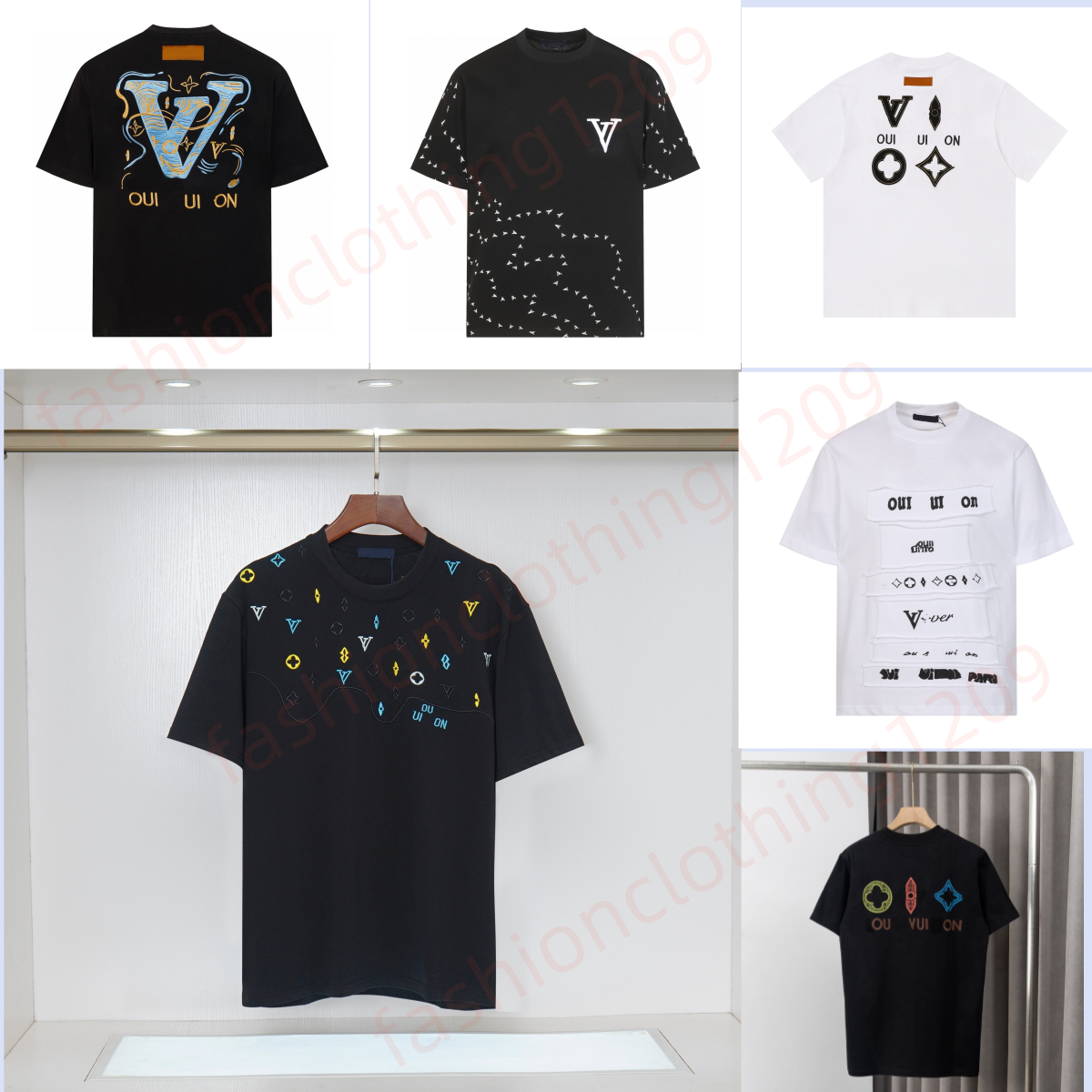 Fashion short full of star broken simple loose top half sleeve summer niche casual hot dia T-shirt black and white