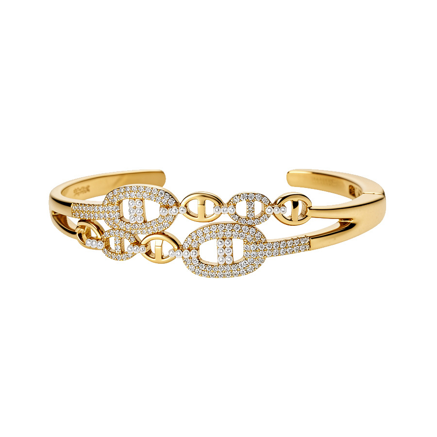 Exaggerated European American style 18K real gold plated zircon geometric pearl ring and bracelet set, light luxury high-end women's jewelry - view 9