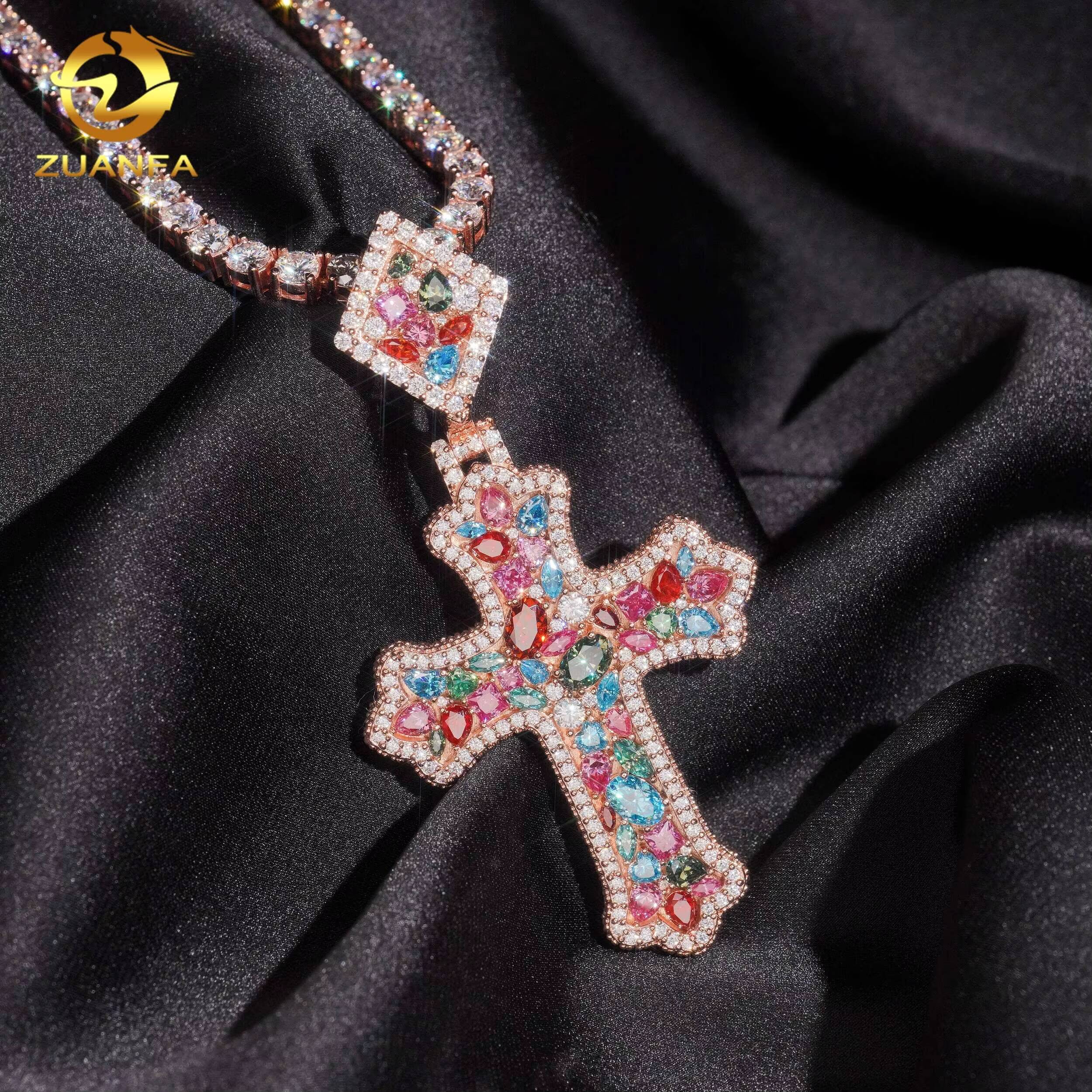 Mixed Fancy Cut Color Moissanite Chain Pendant Cross Custom Hip Hop Pendant Moissanite Religious Jewelry Cross Pendant Unisex