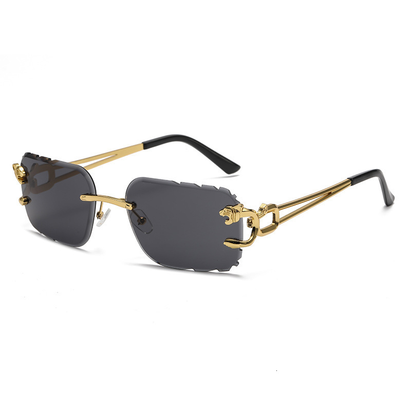Designer Frameless leopard head sunglasses, metal sun glasses with irregular hollowed-out temples, women's high-end natural look sunshade glasses