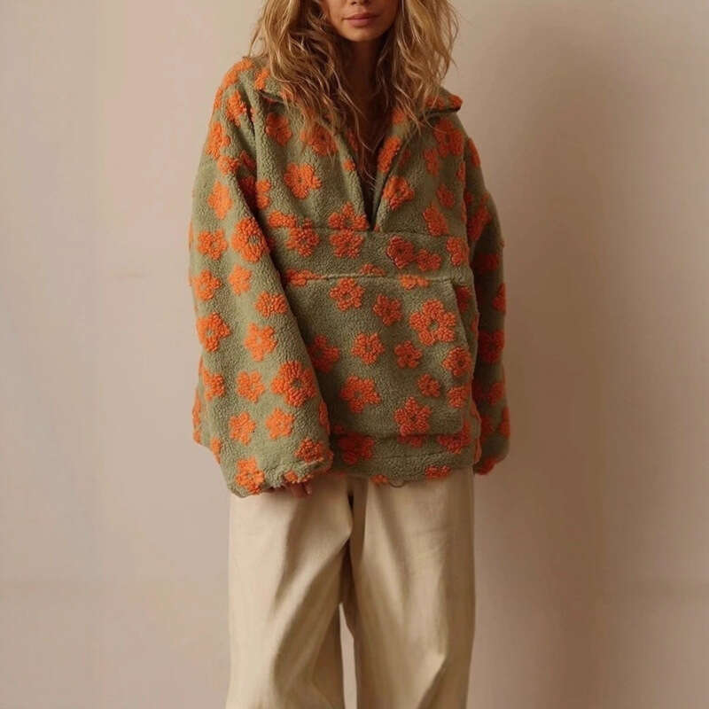 Spring New Fashion Loose Zipper Sweatshirt Long Sleeve Top with Imitation Lamb Wool Print for Women MAKOUFEI