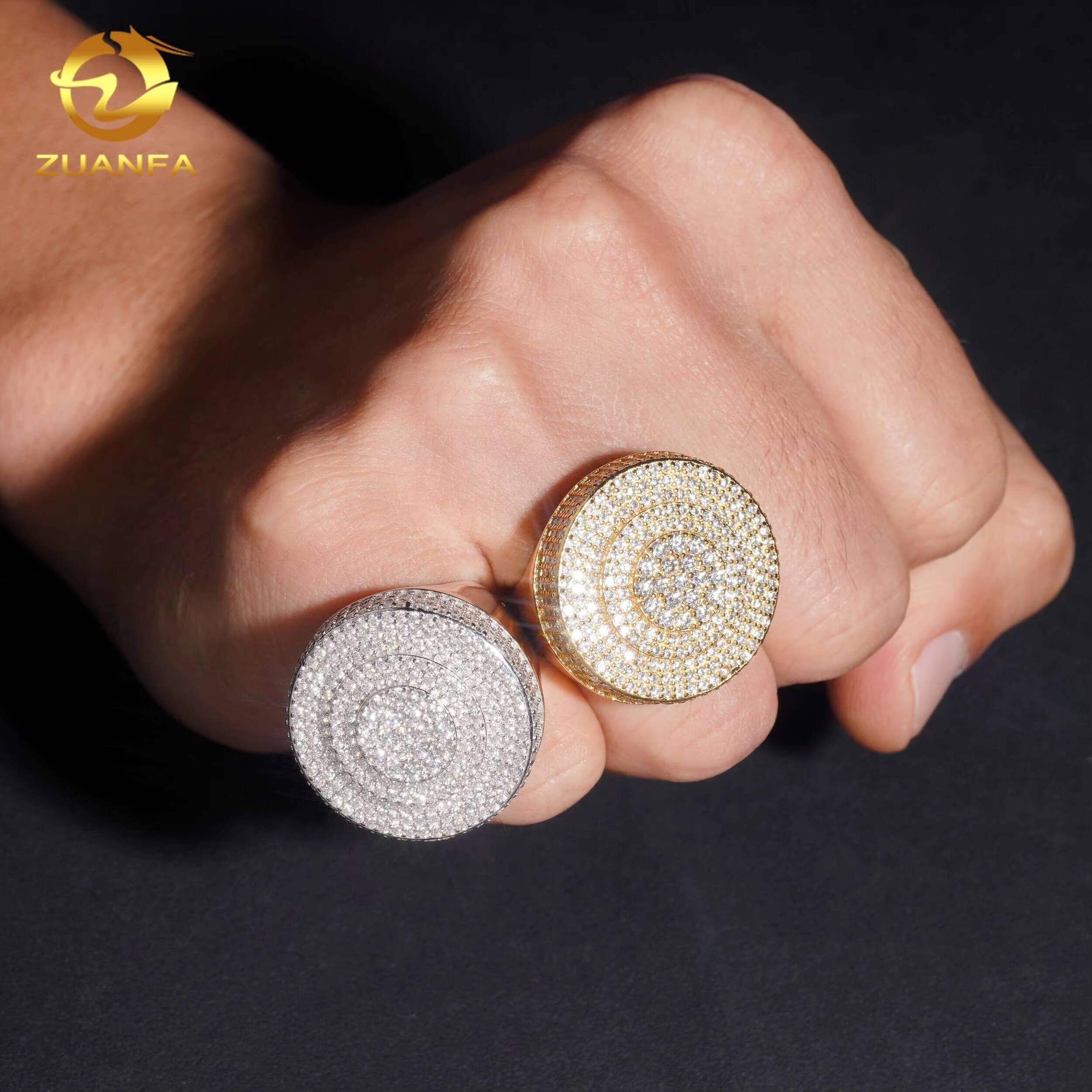 Ready to Ship Hip Hop Jewelry Iced Out Men Round Shape 925 Sterling Silver Moissanite Rings