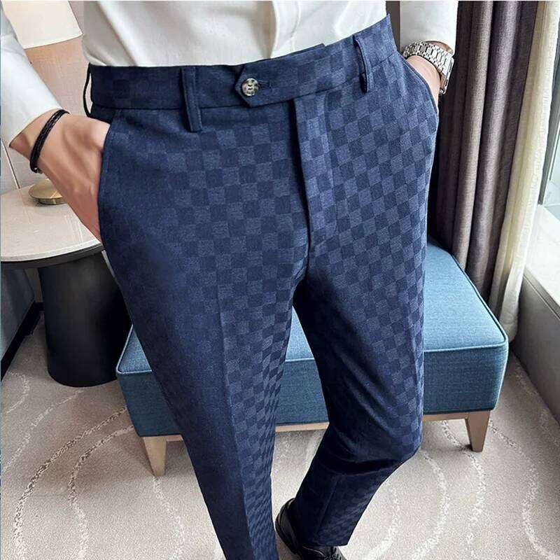New Men Casual Plaid Suit Men's Slim Fit Business Dress Pants Formal Wedding Social Designer Fashion Party Male Trousers