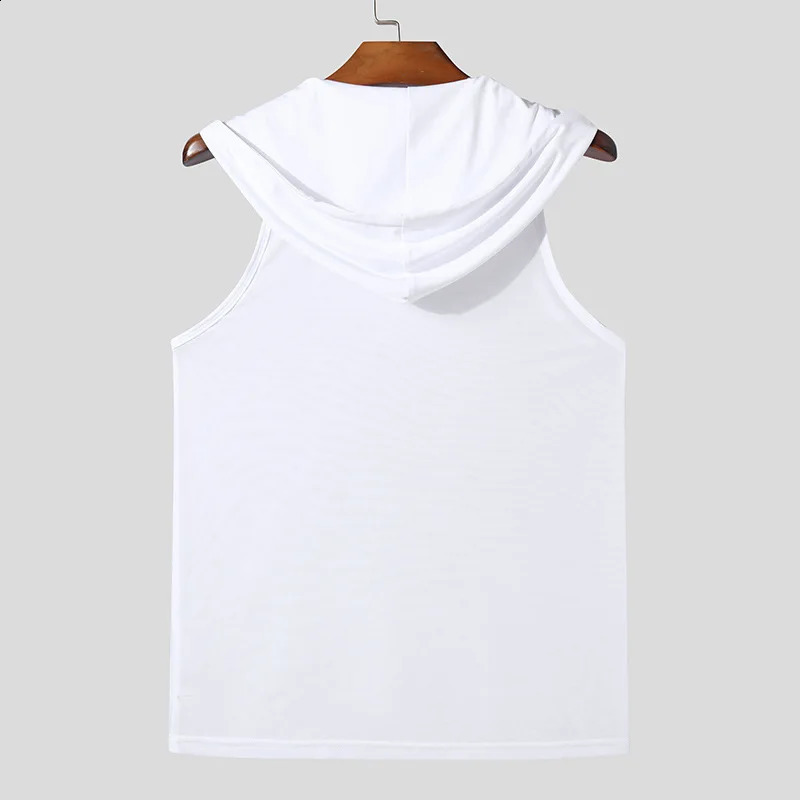 Chic Men Hooded Sports Tank Tops Sexy Solid Color Transparent Sleeveless T-shirt Summer Casual Drawstring Fitness Vest S-2XL260424