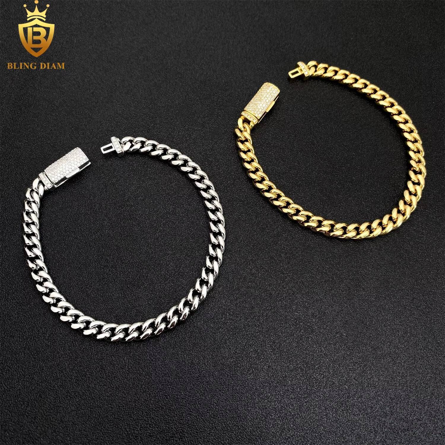 6mm Plain Chains Hip Hop Jewelry Cuban Link 925 Silver Moissanite Iced Out Gold Plated 316L Stainless Steel Necklace