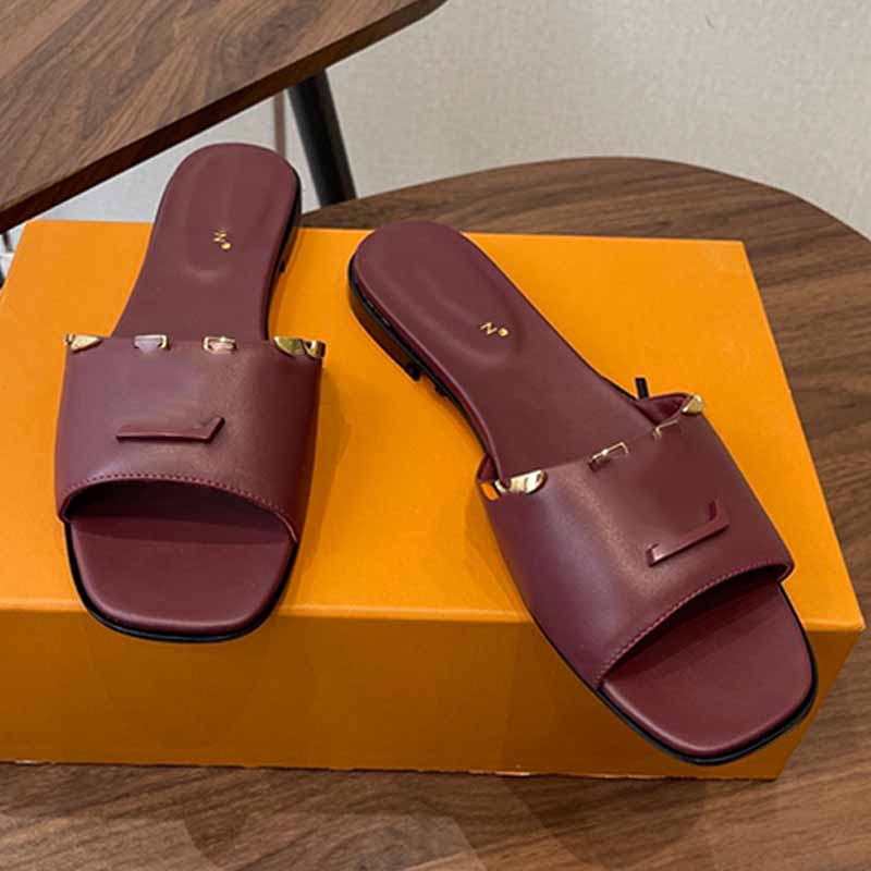Womens 1AHM Bordeaux Red Mare Flat Mules Luxury quality calf leather durable leather outsole completes Casual flat sandals stylish design Summer beach sandals