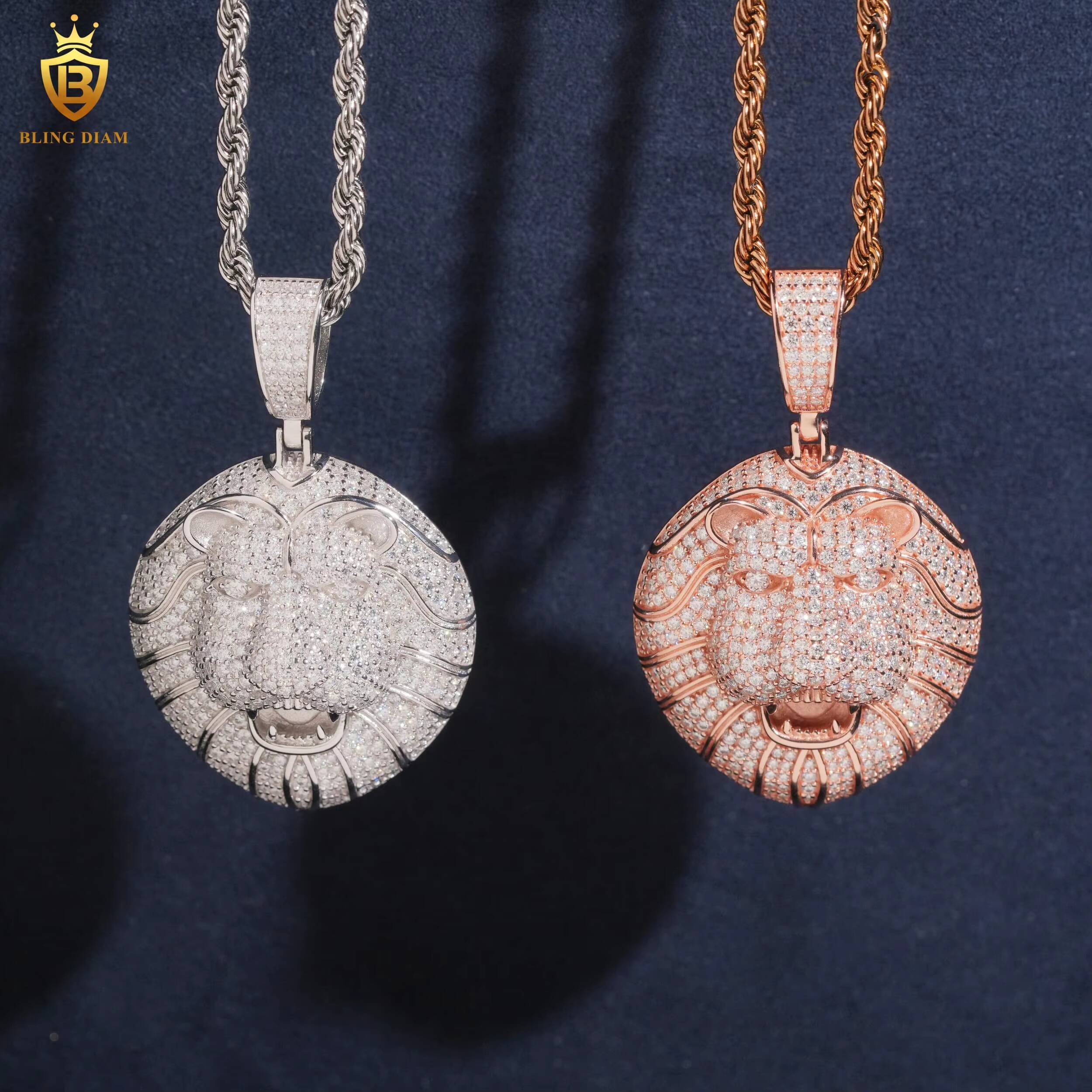 Charm Lion Head Face Animal Circle Pendant Necklace Mens Moissanite-Diamond 925 Sterling Silver Gold Custom Hip Hop Jewelry