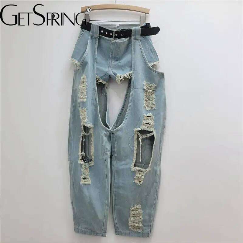 gestring Women Autumn Hole Belt Low Waist Denim Pants Fashion All Match Loose Casual Long Straight Jeans New MAKOUFEI