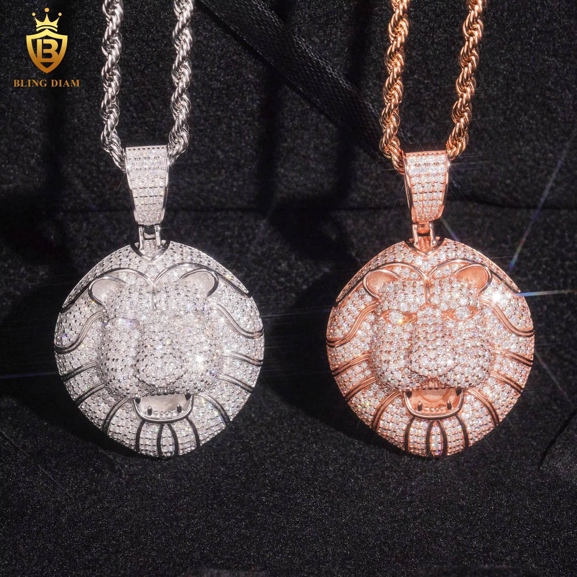 Iced Out Lion Round Pendant Fashion Pendants Charms 925 Sterling Silver Round Brilliant Moissanite GRA Certified Necklaces