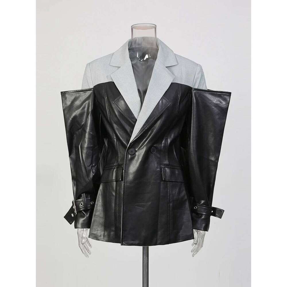 TWOTWINSTYLE Hit Color Slimming Fashion Jackets for Women Lapel Long Sleeves Tunic Patchwork Leather Streetwear Jacket Female MAKOUFEI