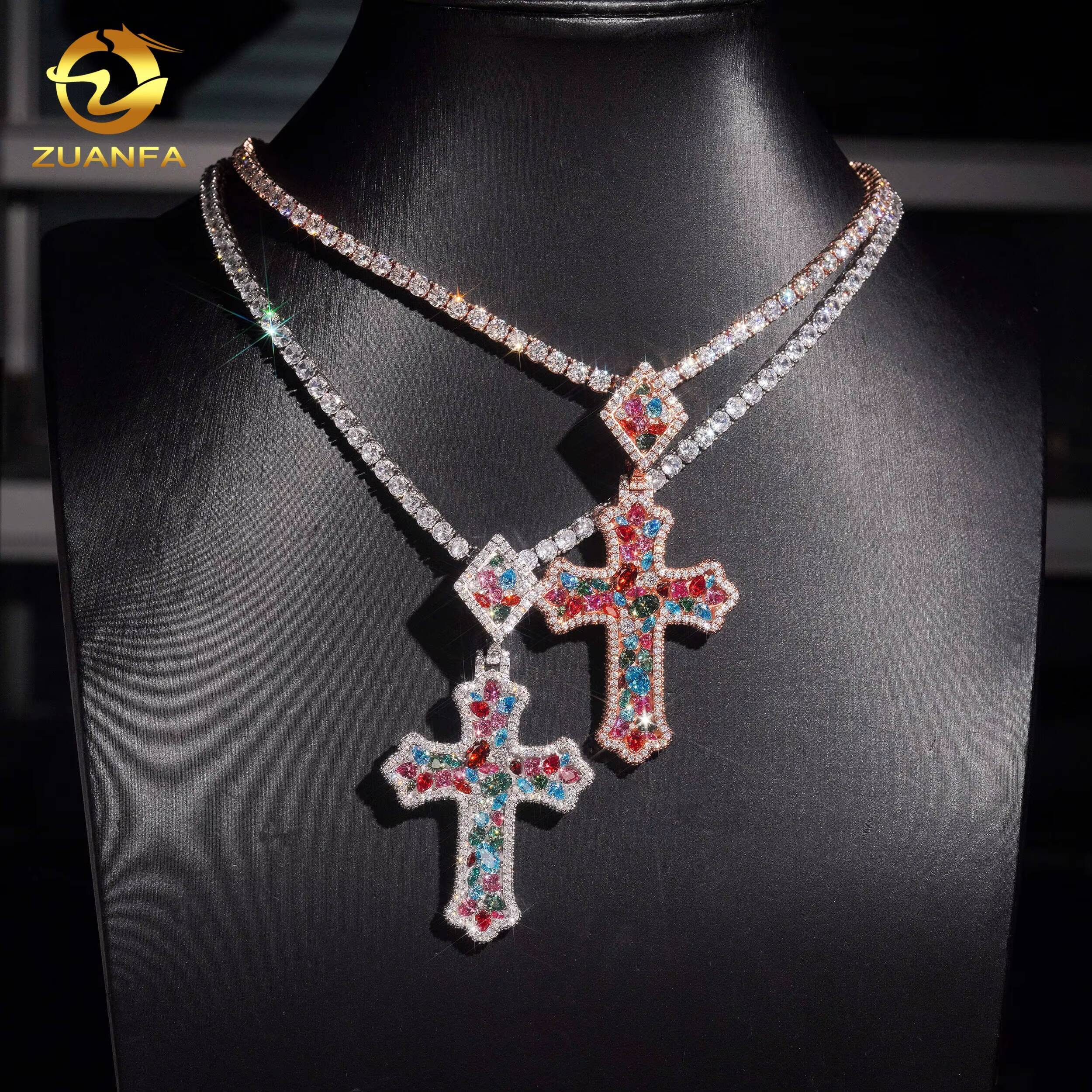 Mixed Fancy Cut Color Moissanite Chain Pendant Cross Custom Hip Hop Pendant Moissanite Religious Jewelry Cross Pendant Unisex