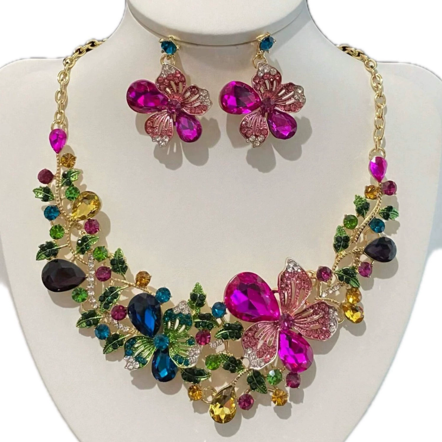 Designer Diamond Necklace Jewelry Sets Crystal Flower Stud Earrings Necklace Set Fashion Alloy Exaggerated Women Girl Statement Choker Collar Necklace Set Gifts