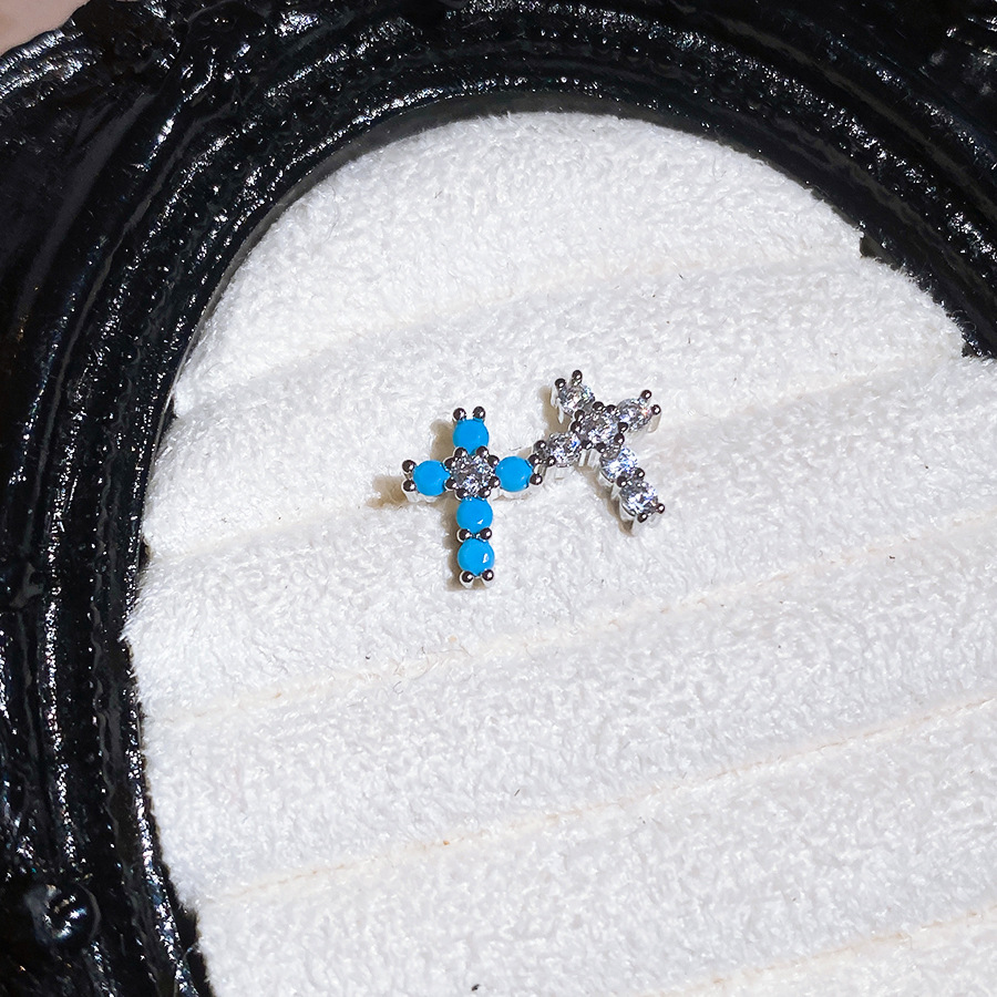 New fashion earrings with a high-end, minimalist feel, super shiny ear clasps in turquoise blue, French vintage cross design, versatile for women - view 5