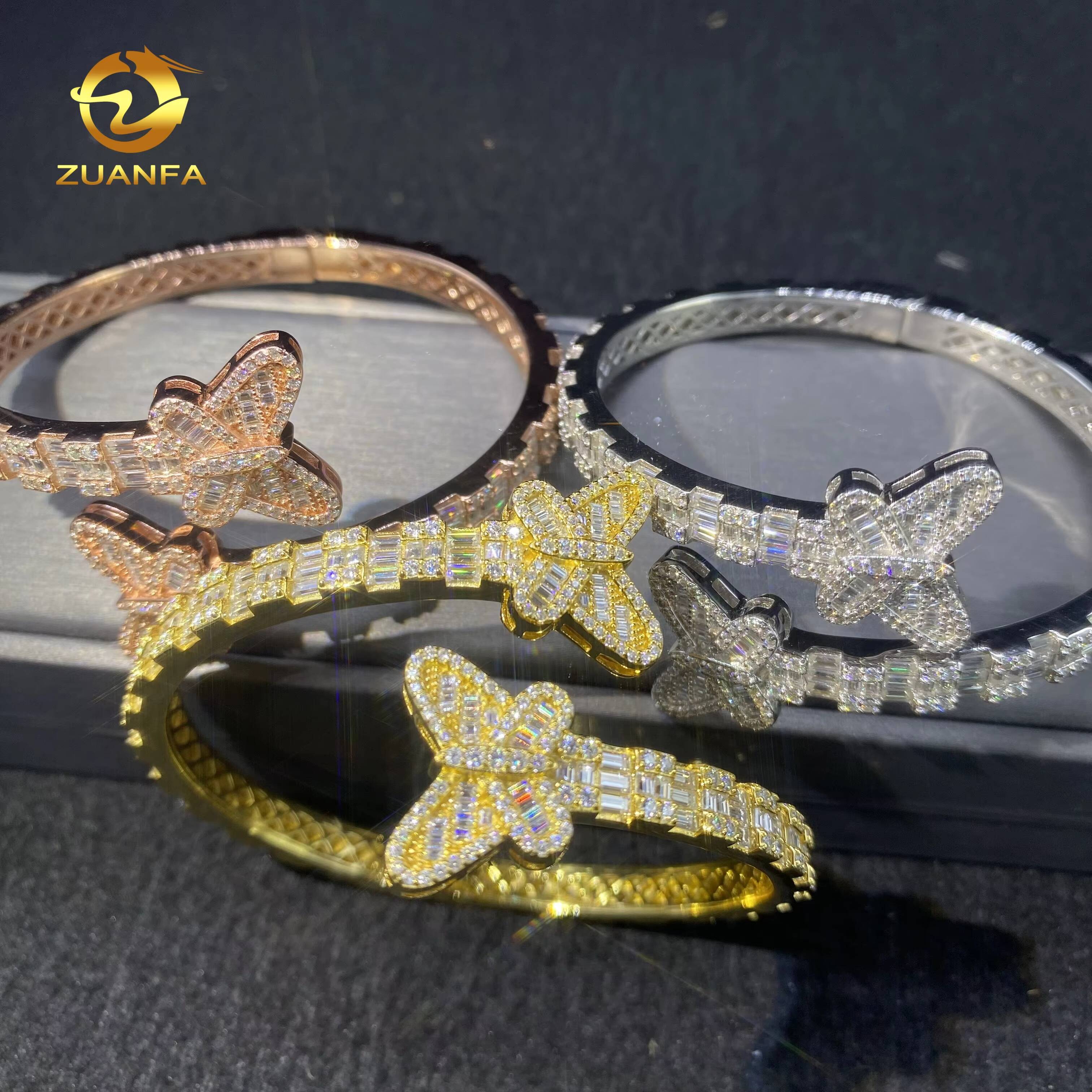 Hot Sale 925 Silver Baguette Diamond Moissanite Butterfly Bangle Bracelet Fashion Hip Hop Men VVS Moissanite Bracelets