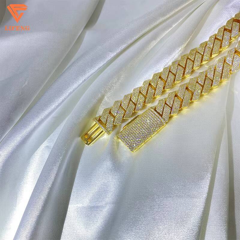 Lifeng Jewelrys Wholesale 3 Stone Cuban Link Chain 18K Gold Silver Plated Moissanite Necklace for Men Miami Style