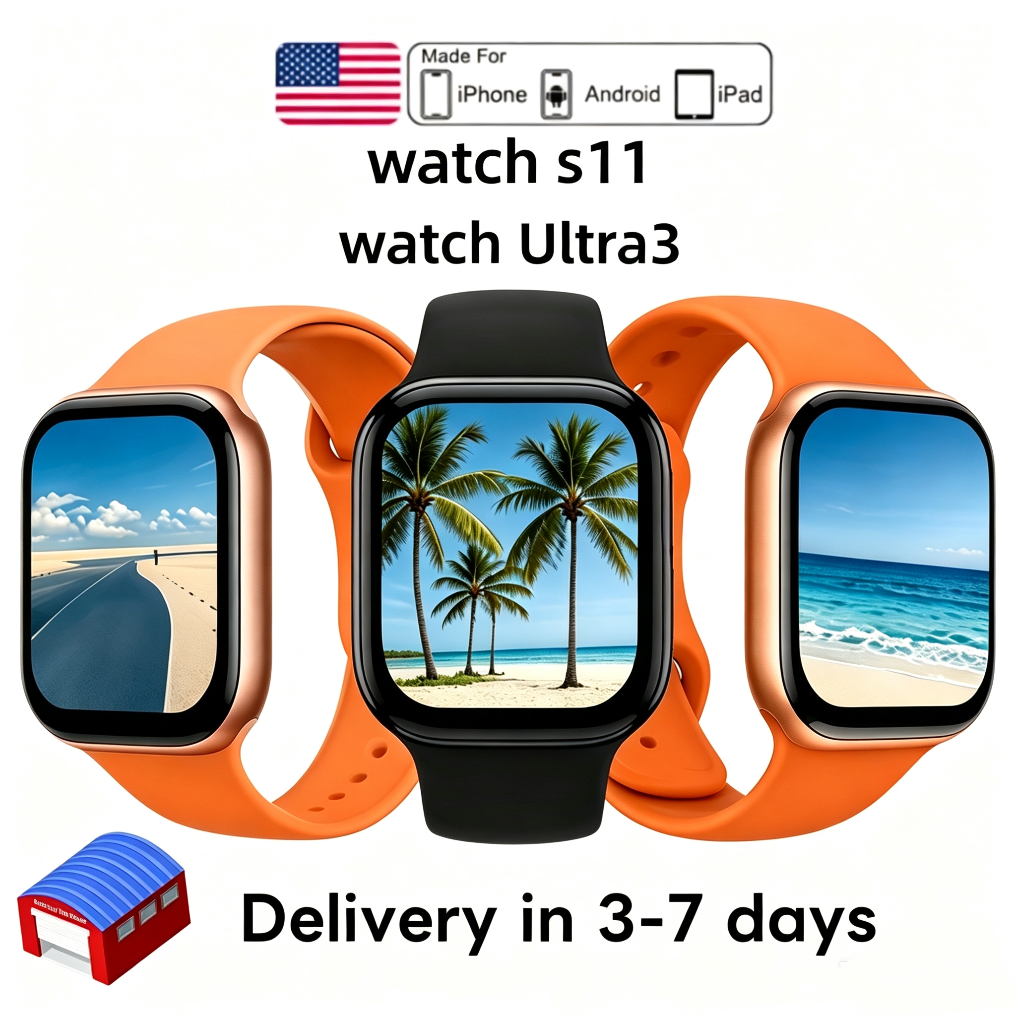 Compatible with Apple Watch Series U3 and S11, available in 46mm and 49mm band sizes. Supports Bluetooth calling and fitness tracking. An Android smartwatch.