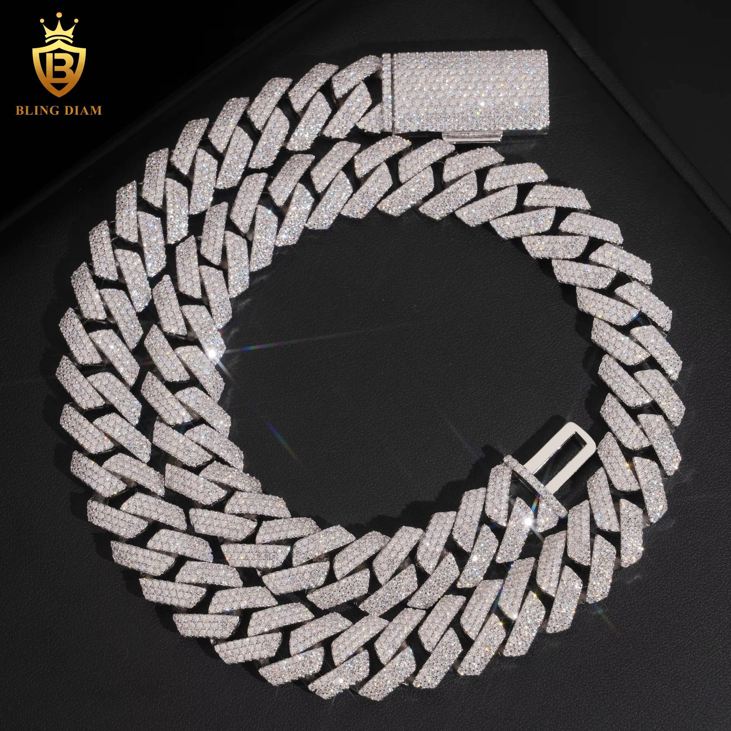 Hot Selling Miami 15MM 925 Sterling Silver Chain Cuban 3 Rows Moissanite Cuban Link Fashion Chains Necklaces Pass Diamond Test