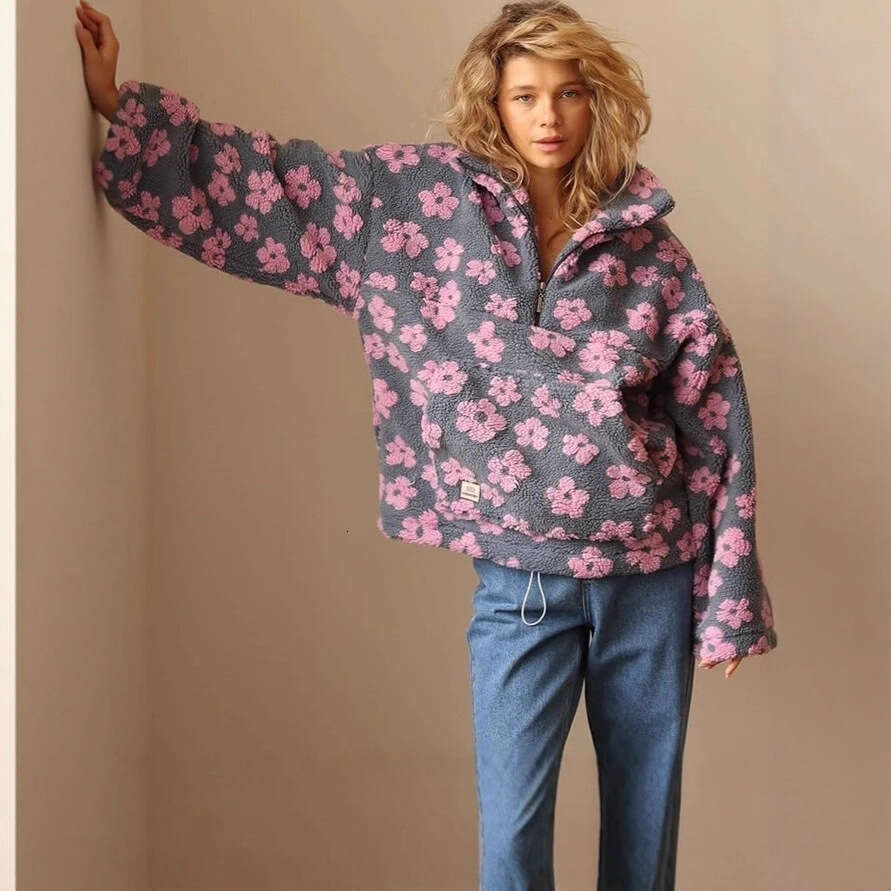 Spring New Fashion Loose Zipper Sweatshirt Long Sleeve Top with Imitation Lamb Wool Print for Women MAKOUFEI