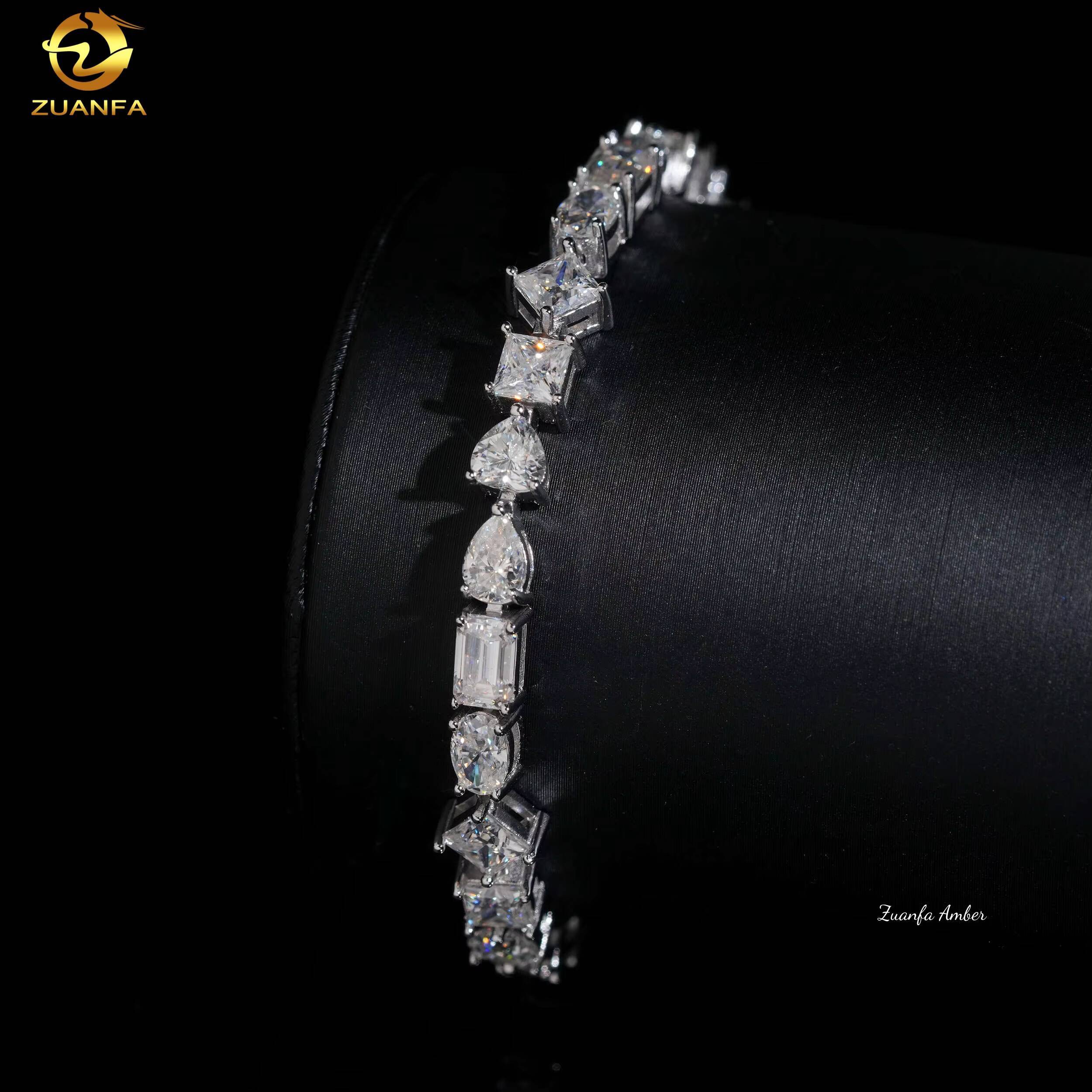 S925 Sterling Silver Hip Hop Iced Out Bling D-VVS Fancy Cut Moissanite Diamond Tennis Bracelet