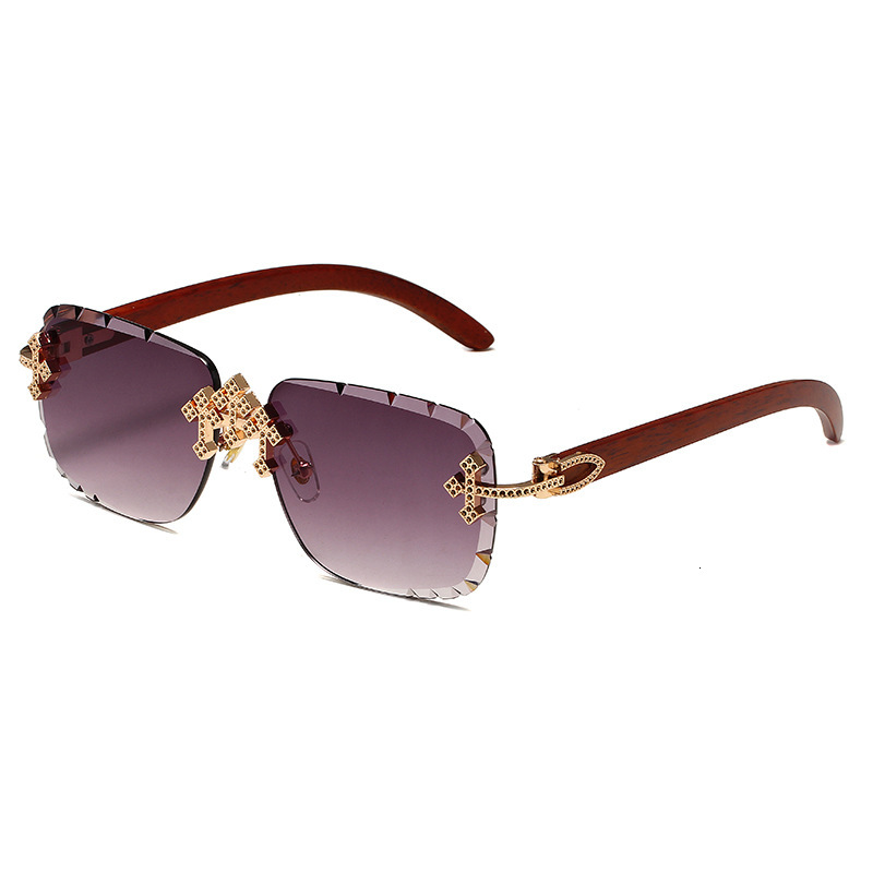 Designer New Cross Diamond-Studded Rimless Sunglasses for Men, Metal Starry Sky Sunglasses for Women, High-End Decorative Wood Grain Temples