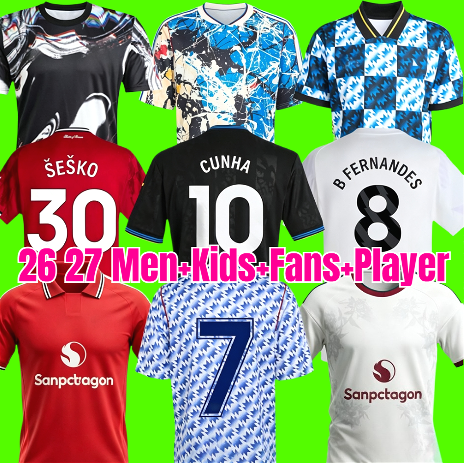 26 27 Manchester SESKO MBEUMO CUNHA Soccer Jerseys football shirts B. FERNANES men kids kits MAINOO Pre match goalkeeper Training United Stone Roses 2026