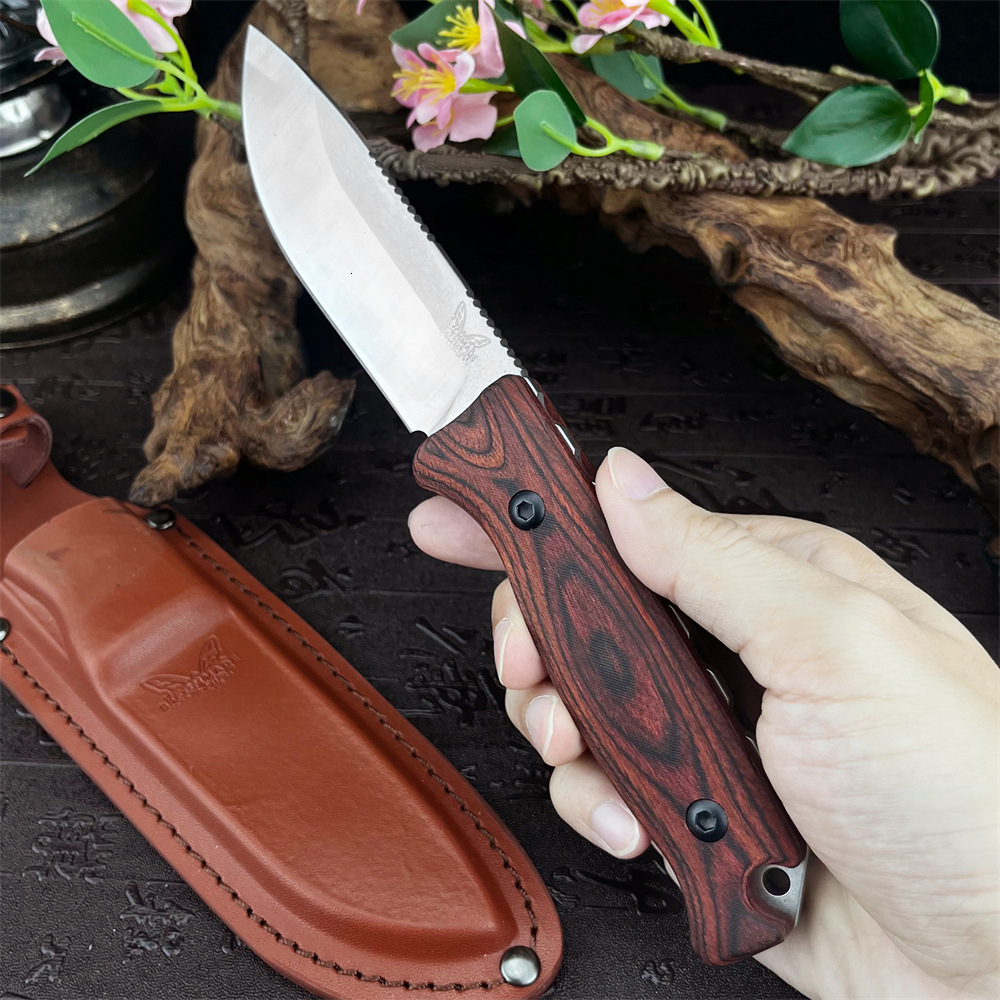BM 15002 Survival Hunting Knife 9Cr13Mov Steel Fixed Blade with Wooden Handle Outdoor Camping Tool and Sheath EDC Equipment