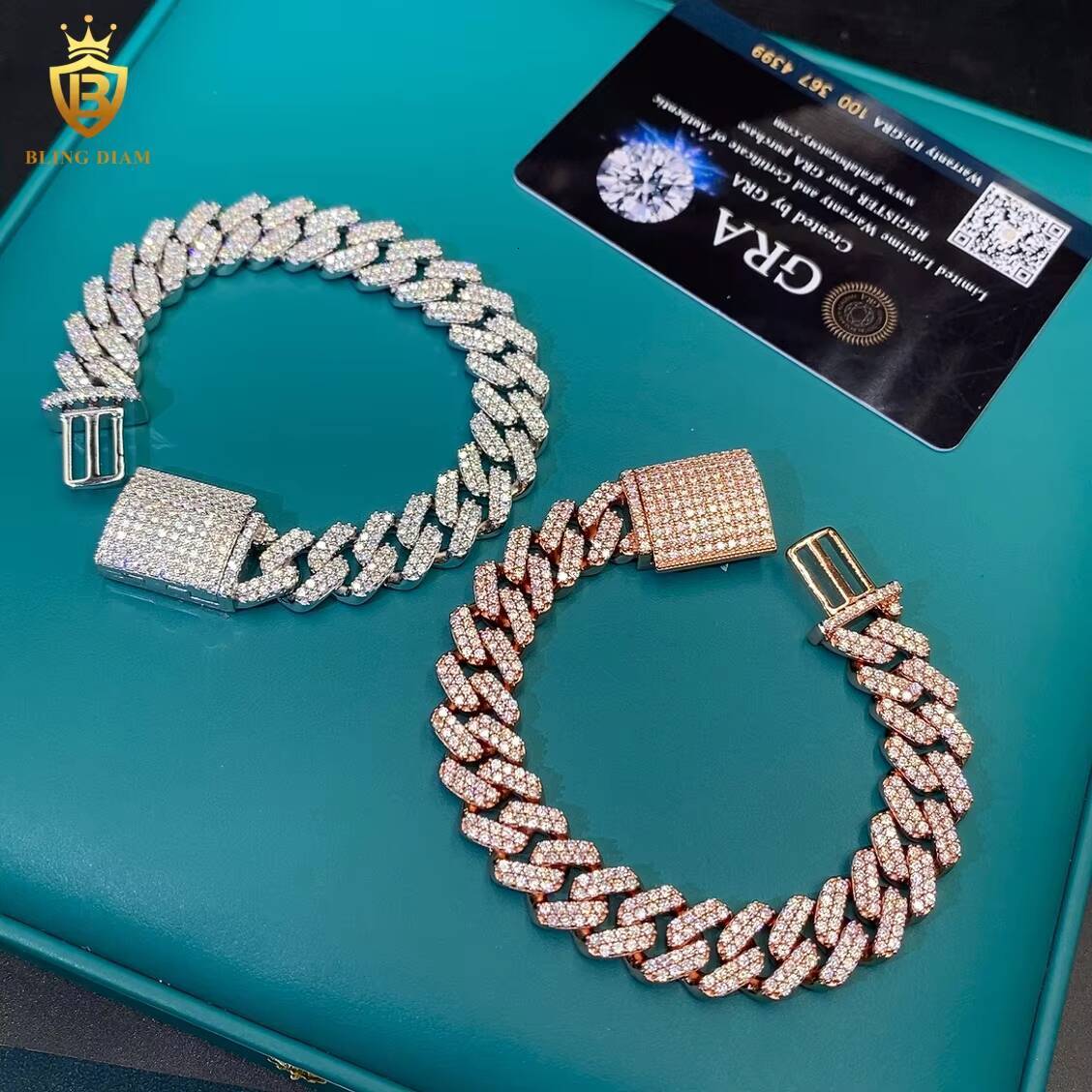Miami 12mm Bracelets Cuban Link Chain Moissanite 925 Silver Rose Gold Vvs Moissanite Chain Fashion Chains Pass Diamond Test