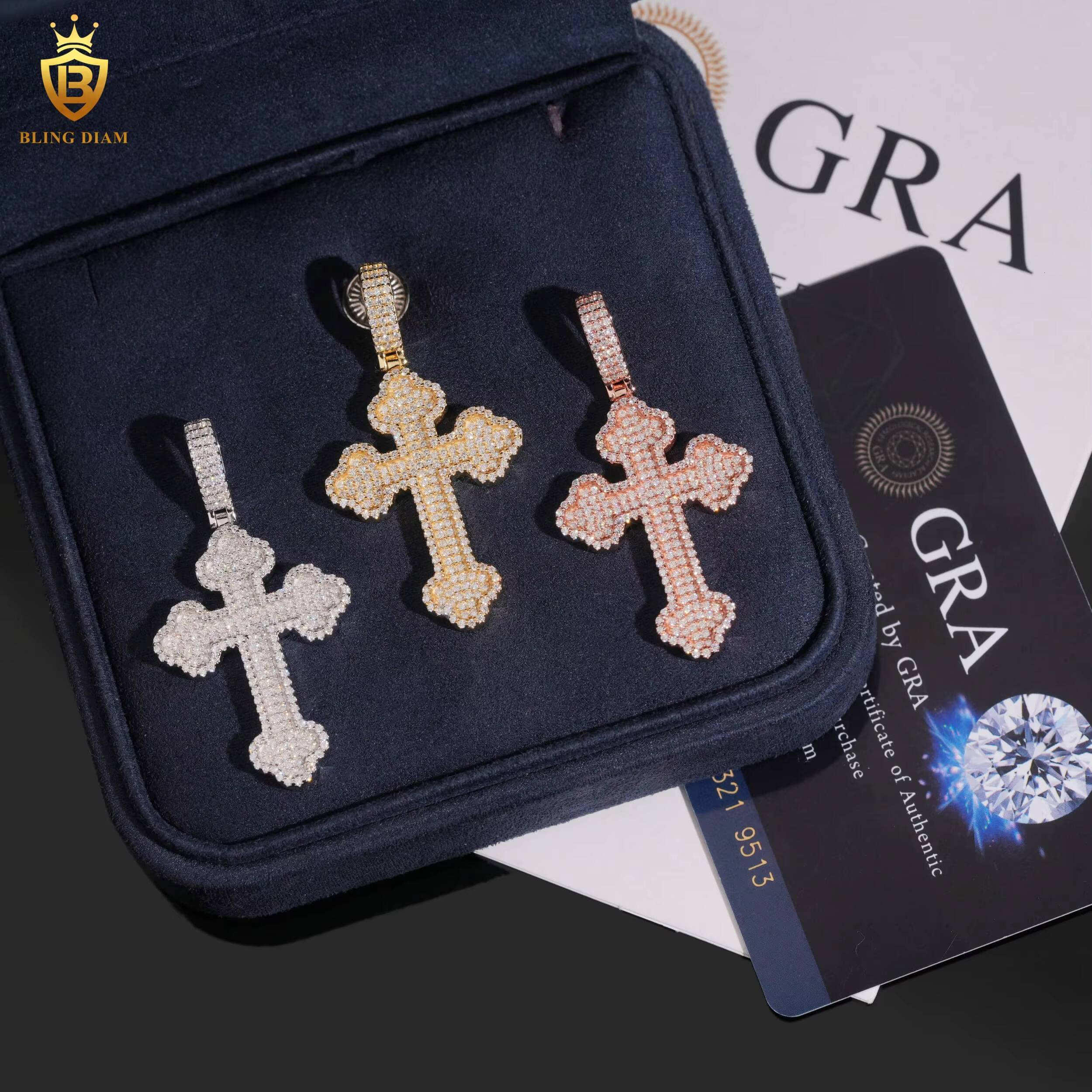 Wholesale Cross Pendant Men Hip Hop Rock Jewelry 925 Sterling Silver Iced Out Vvs Moissanite GRA Certificate
