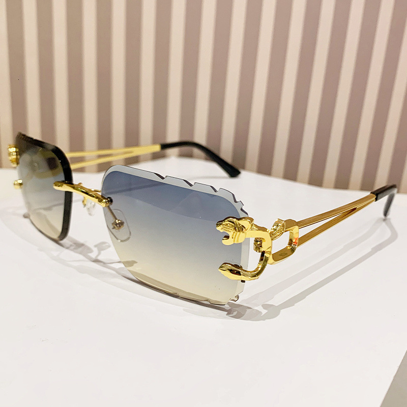 Designer Frameless leopard head sunglasses, metal sun glasses with irregular hollowed-out temples, women's high-end natural look sunshade glasses