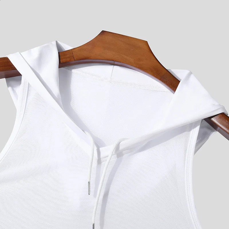 Chic Men Hooded Sports Tank Tops Sexy Solid Color Transparent Sleeveless T-shirt Summer Casual Drawstring Fitness Vest S-2XL260424